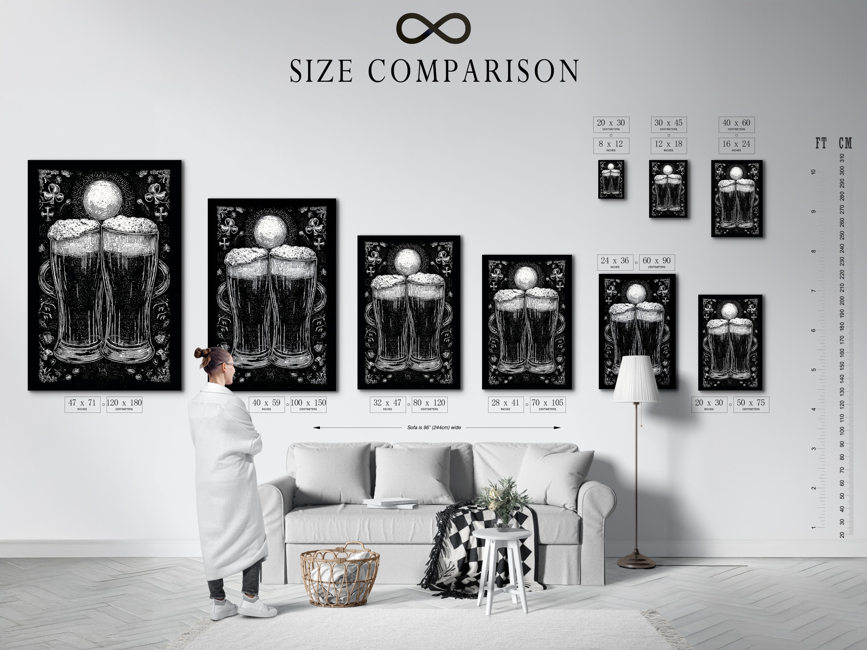 A size comparison chart is displayed in an interior setting. This chart helps visualize the different sizes available for your artwork. The artwork features a monochromatic illustration of two beer glasses. Choose the perfect size to complement your space. It is ideal for home or office decor.