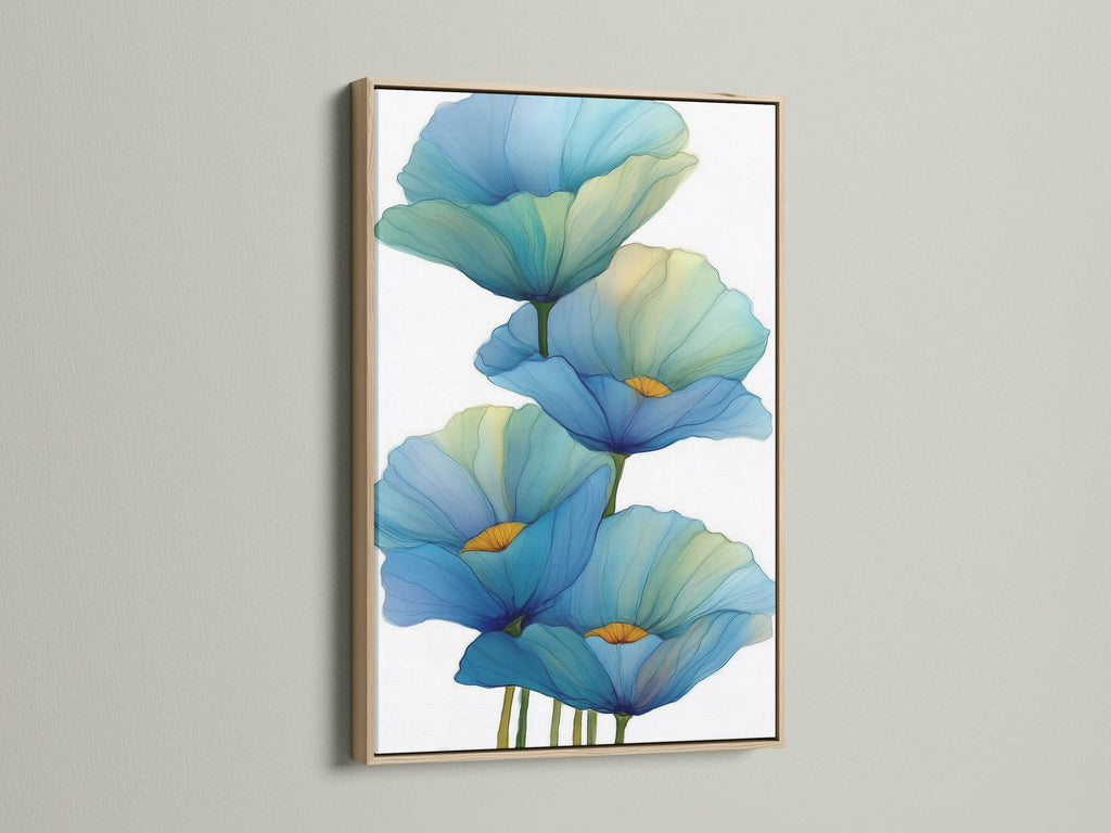 A close-up of a blue floral canvas print. The artwork is beautifully framed in oak. The teal flower poster adds a touch of nature to any bedroom. Discover how oak frames enhance your modern home decor.