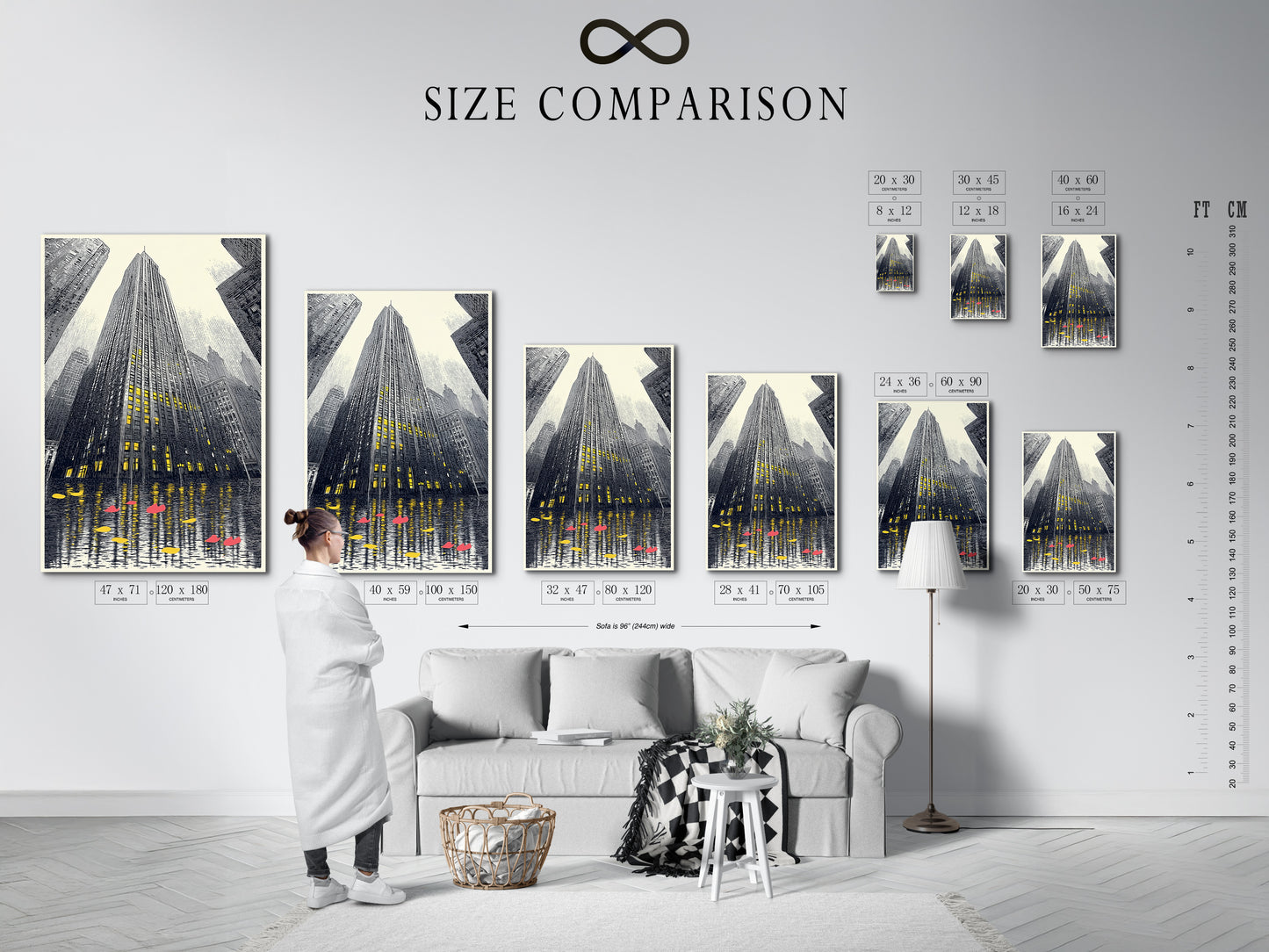 A size comparison chart is displayed in an interior setting. It showcases various sizes of the cityscape artwork. Visualize the perfect fit for your space with this urban skyscraper print. Available in multiple sizes for any room.