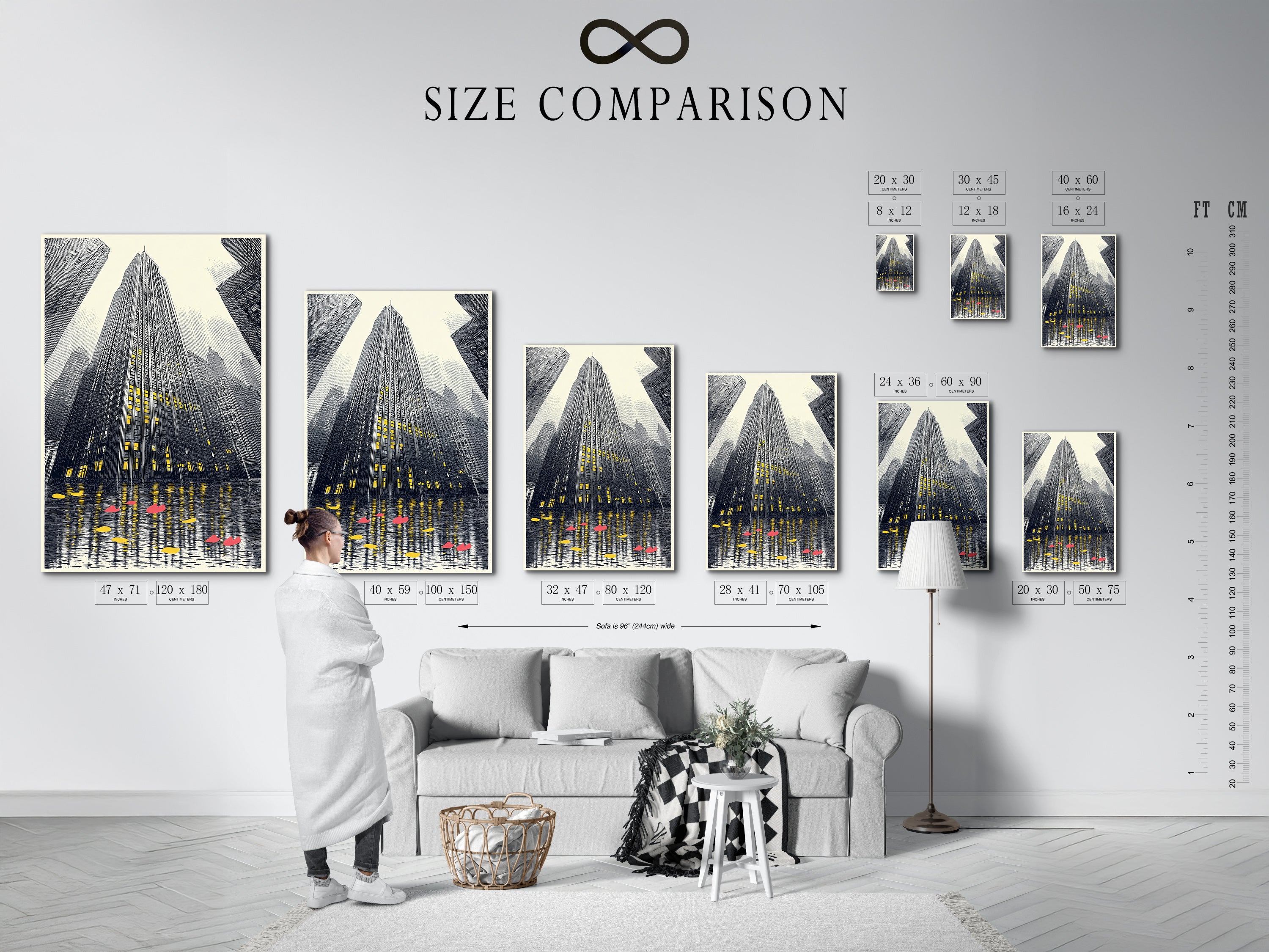 A size comparison chart is displayed in an interior setting. It showcases various sizes of the cityscape artwork. Visualize the perfect fit for your space with this urban skyscraper print. Available in multiple sizes for any room.