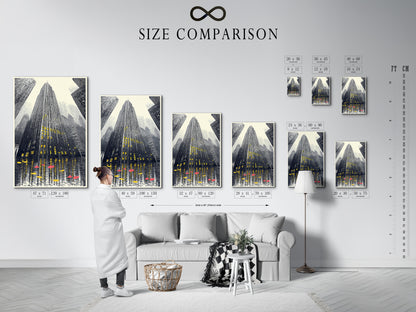 A size comparison chart is displayed in an interior setting. It showcases various sizes of the cityscape artwork. Visualize the perfect fit for your space with this urban skyscraper print. Available in multiple sizes for any room.