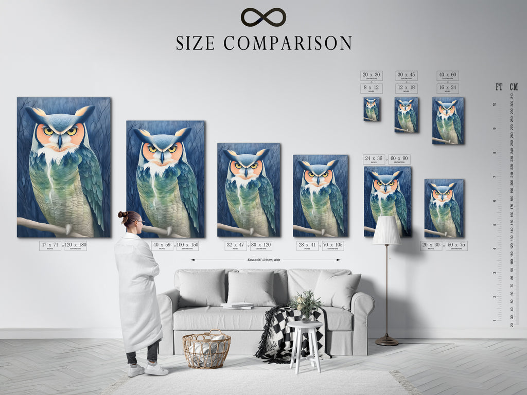 A size comparison chart is displayed in an interior setting. See how the owl portrait canvas print fits in various spaces. Teal and beige animal artwork enhances any wall. Perfect for interior designers and homeowners.