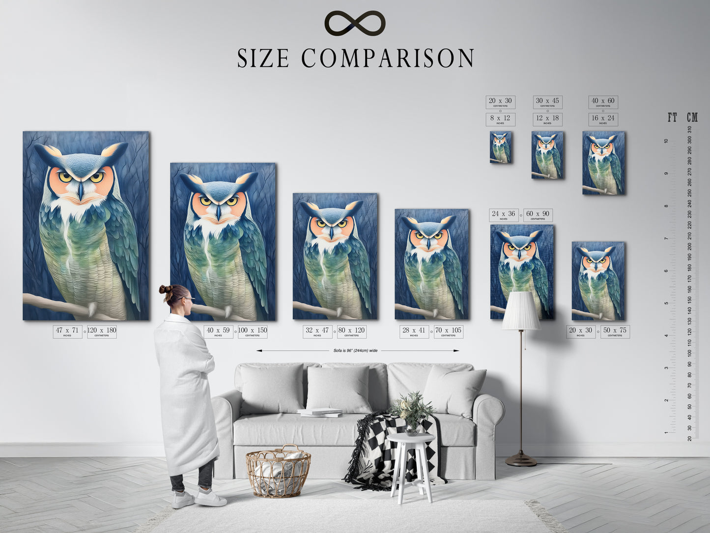 A size comparison chart is displayed in an interior setting. See how the owl portrait canvas print fits in various spaces. Teal and beige animal artwork enhances any wall. Perfect for interior designers and homeowners.