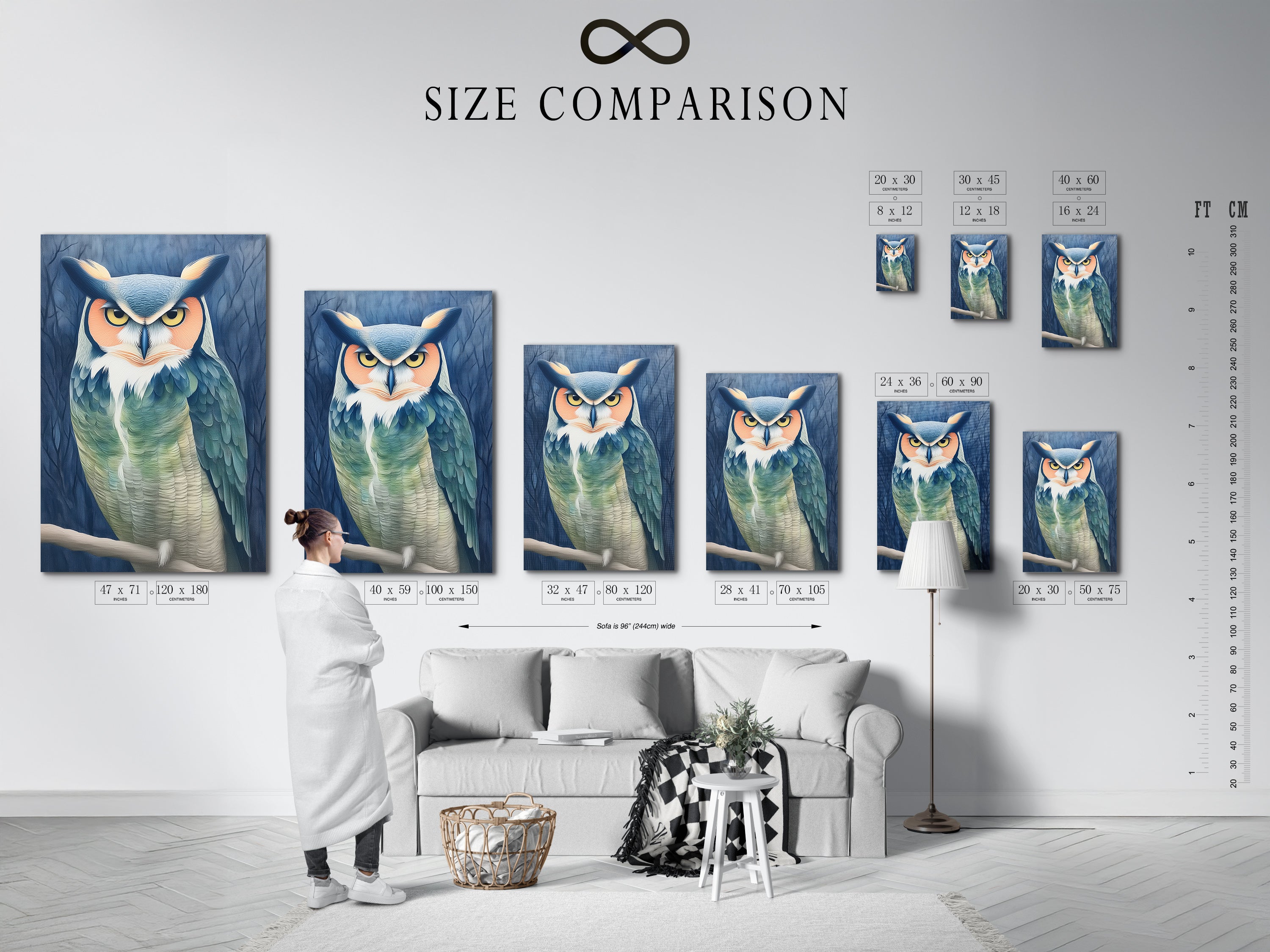 A size comparison chart is displayed in an interior setting. See how the owl portrait canvas print fits in various spaces. Teal and beige animal artwork enhances any wall. Perfect for interior designers and homeowners.