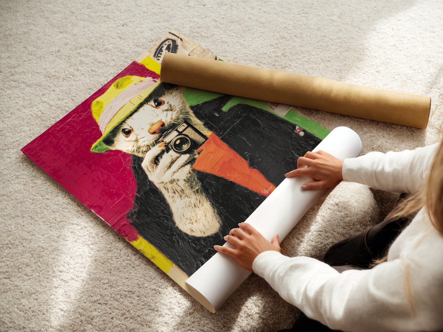 A woman is carefully rolling a fine art poster paper print. Our fine art paper ensures vibrant colors and sharp details. Each print is handled with care to ensure the highest quality. Bring home the Hipster Otter artwork today.