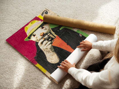 A woman is carefully rolling a fine art poster paper print. Our fine art paper ensures vibrant colors and sharp details. Each print is handled with care to ensure the highest quality. Bring home the Hipster Otter artwork today.