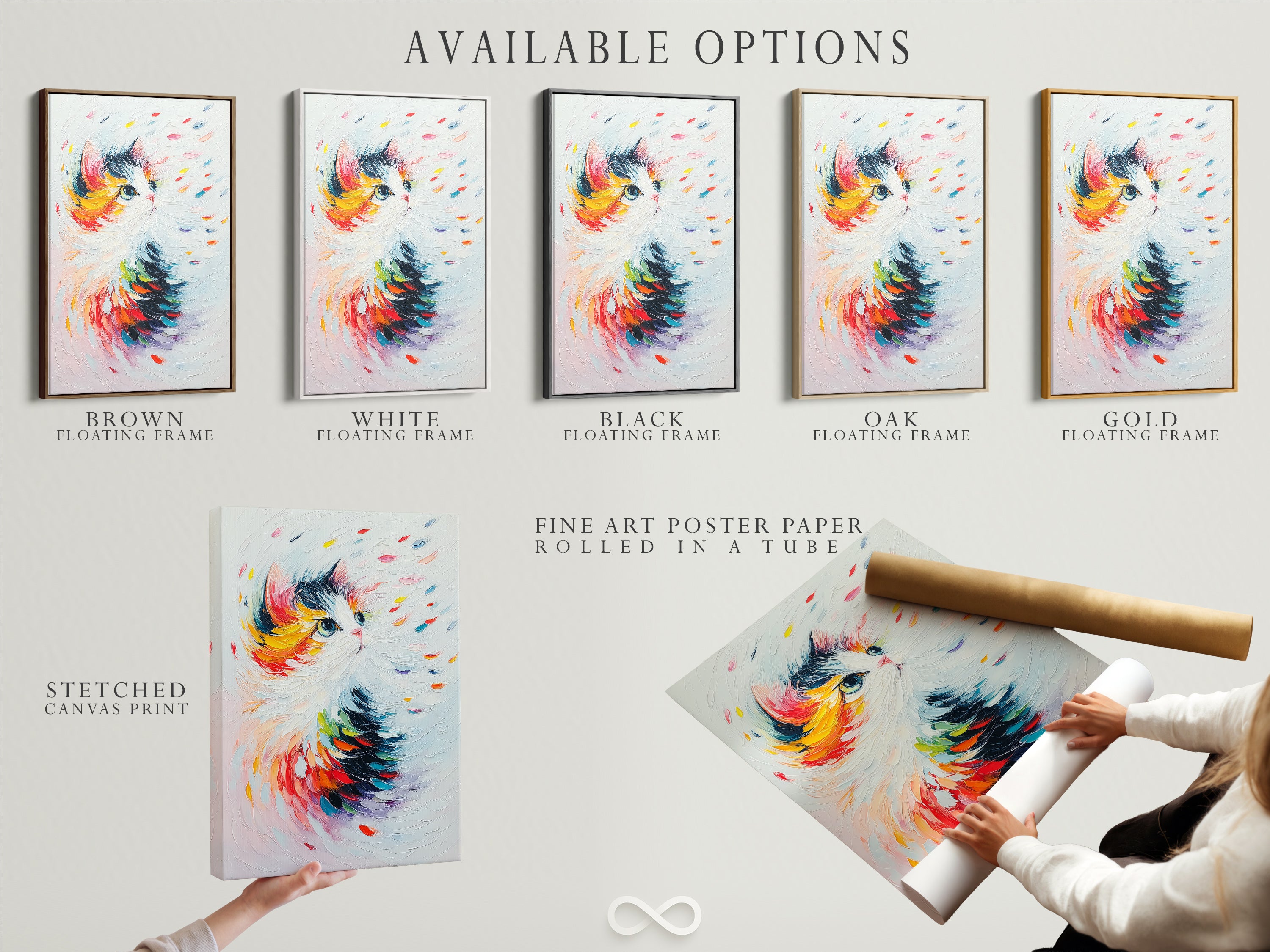 Available options include a stretched canvas print fine art poster paper and a floating frame. Choose the best format for your colorful cat artwork. The abstract feline canvas print is perfect for personalizing your decor. Select the option that suits your style.