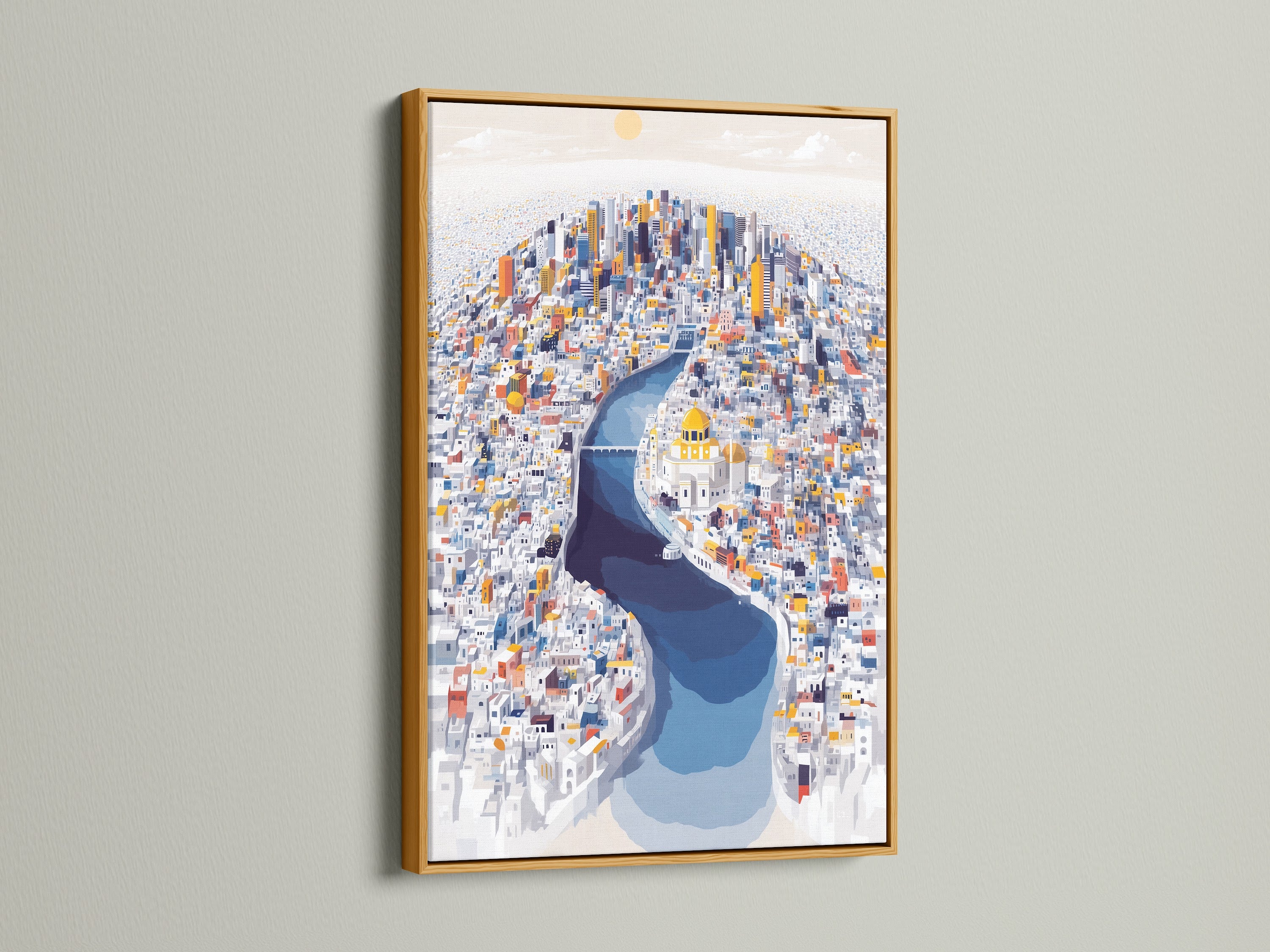 The colorful cityscape artwork is beautifully displayed in a gold frame. The urban canvas print offers a touch of luxury to any space. The gold frame complements the modern architectural artwork. Add a sophisticated touch to your wall art collection. This piece elevates office wall decor.