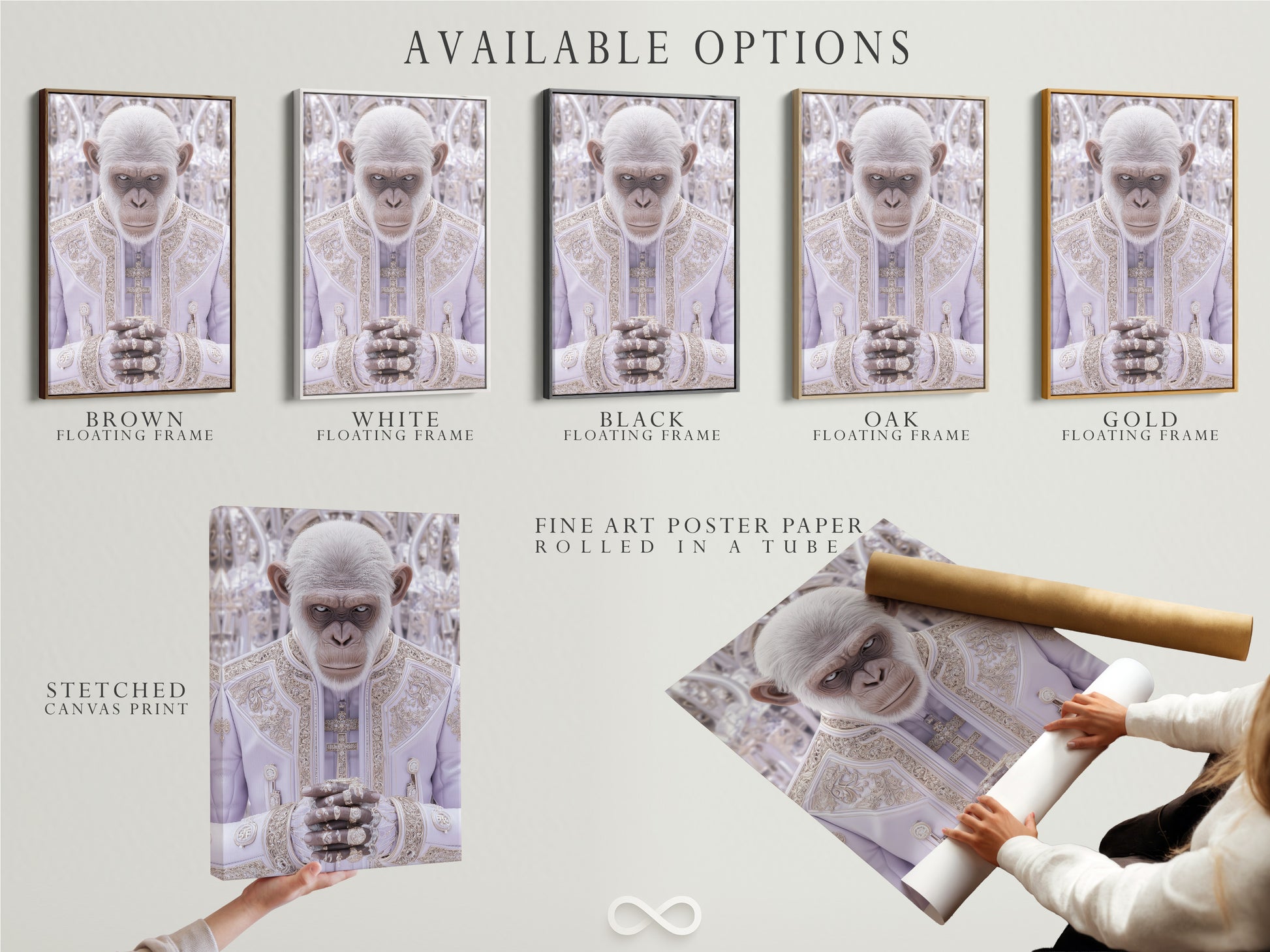 Available options are showcased including a stretched canvas print fine art poster paper and floating frame. Choose the perfect format to display the Monkey Pope artwork. Each option offers a unique way to showcase this contemporary animal portrait. Whether you prefer a modern canvas a classic poster or an elegant framed print. There is a format to suit your style.