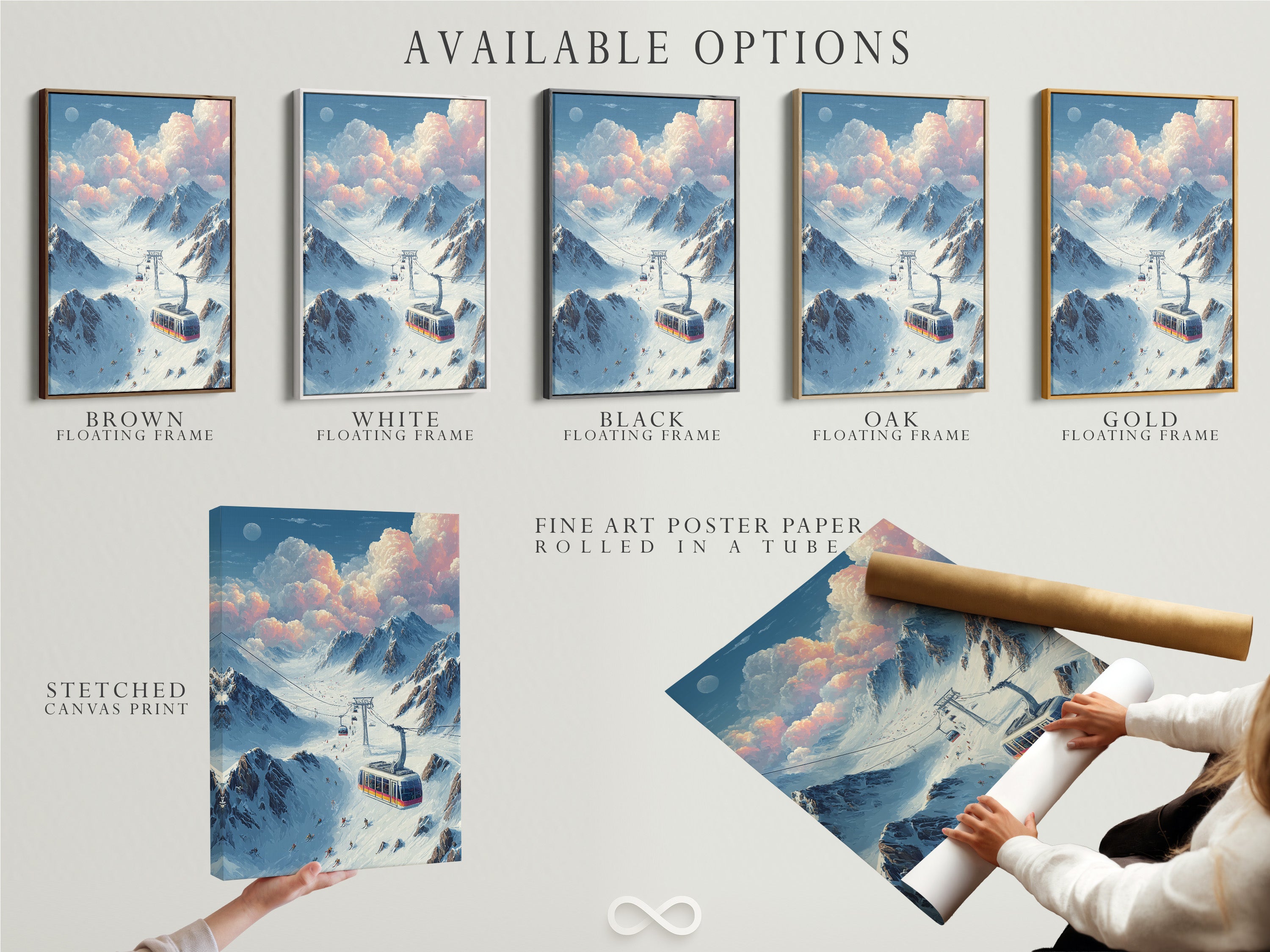 Available options for vintage ski lift artwork are displayed. Options include a stretched canvas print fine art poster paper and a floating frame. Choose the perfect format to match your decor needs. These options cater to diverse aesthetic preferences.