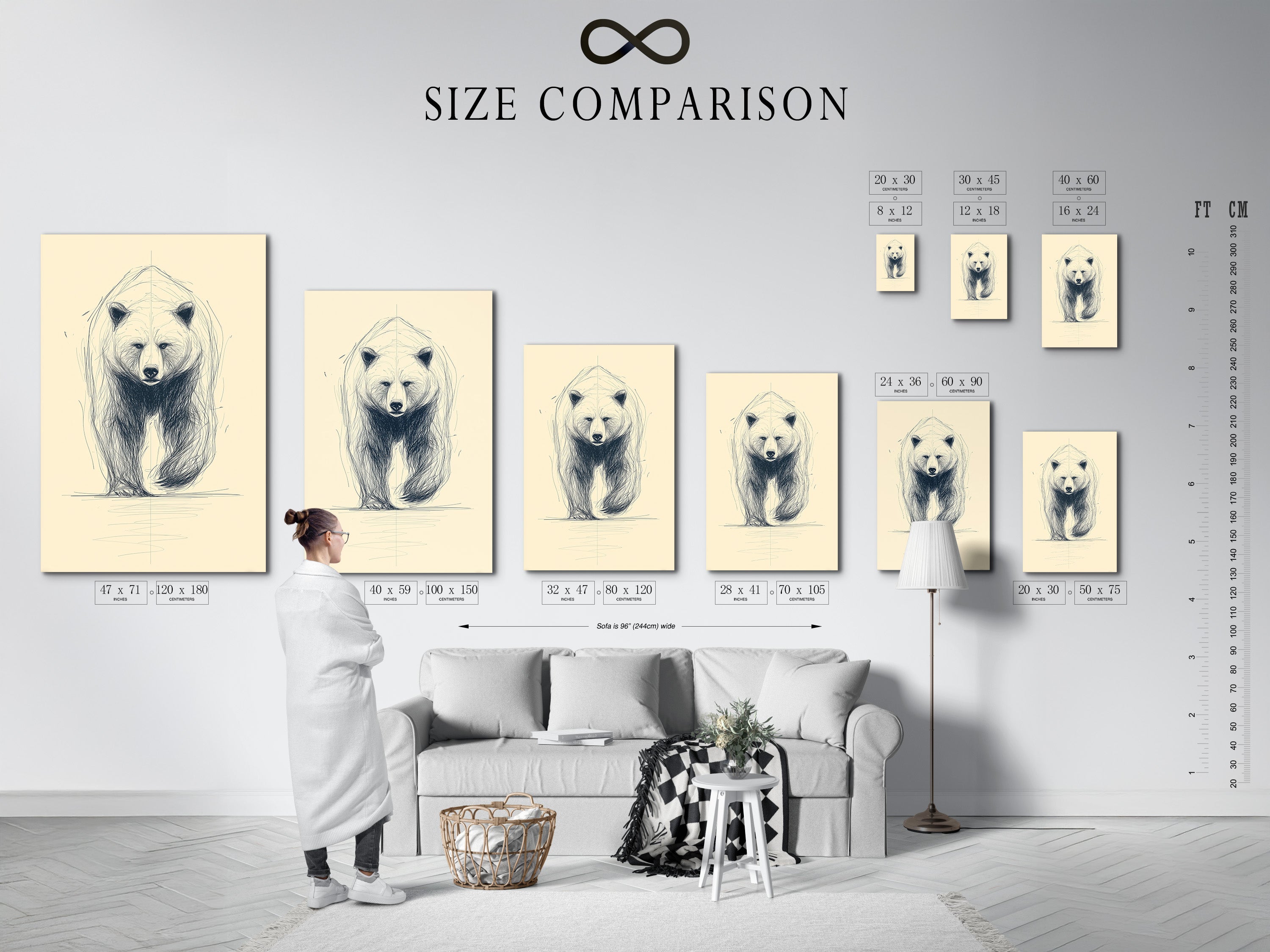 Size comparison chart featuring a bear art print in an interior setting. Visualize the perfect size for your minimalist wildlife sketch. This animal drawing enhances any room with its rustic charm. Ideal for living rooms bedrooms and offices. Find the perfect fit for your space.
