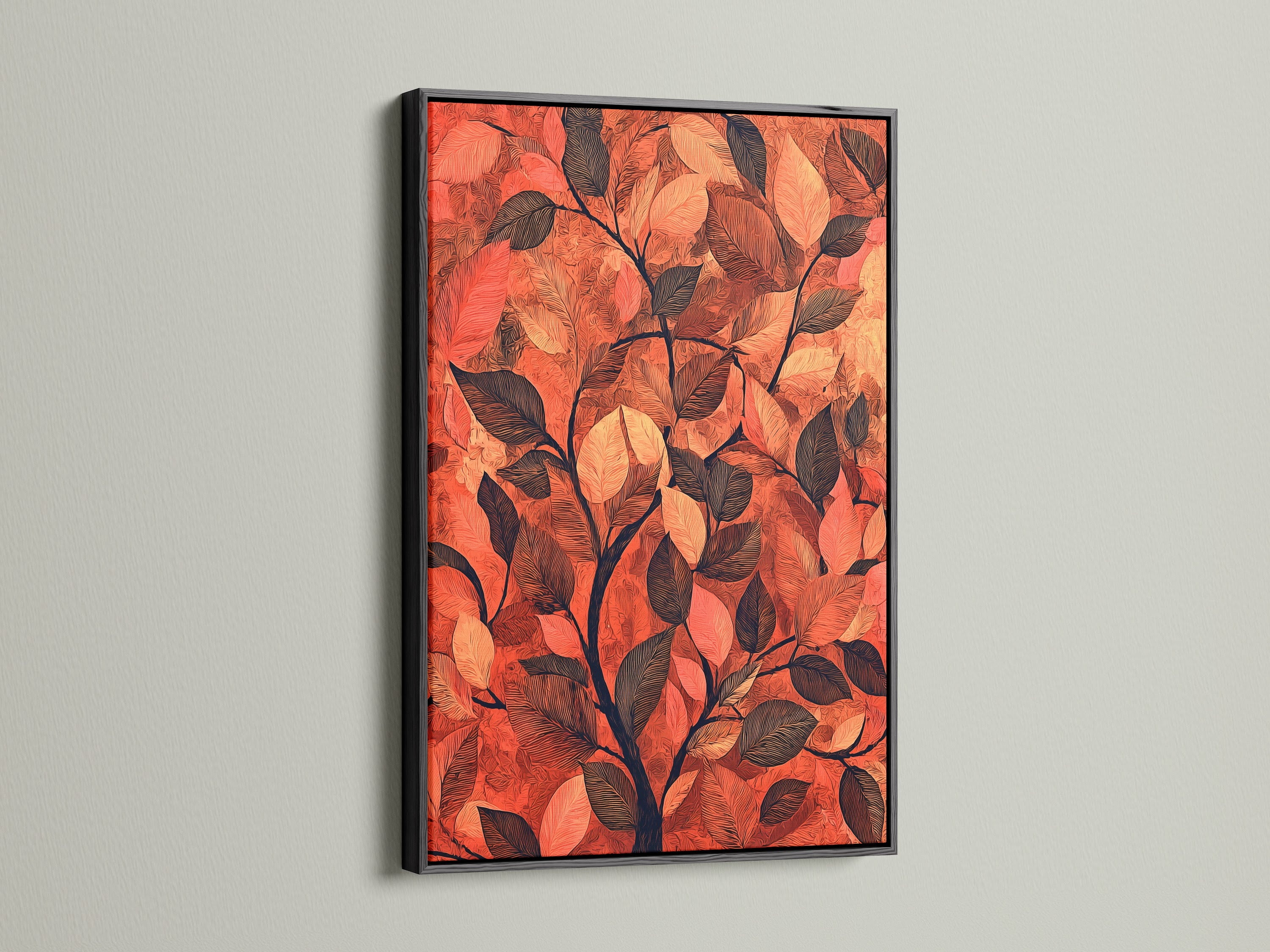 The botanical leaf artwork is framed in black. The terracotta wall art stands out against the black frame. This autumn leaves artwork is ideal for a modern study room. The foliage print gains a contemporary touch. The black frame adds sophistication to the nature art print.