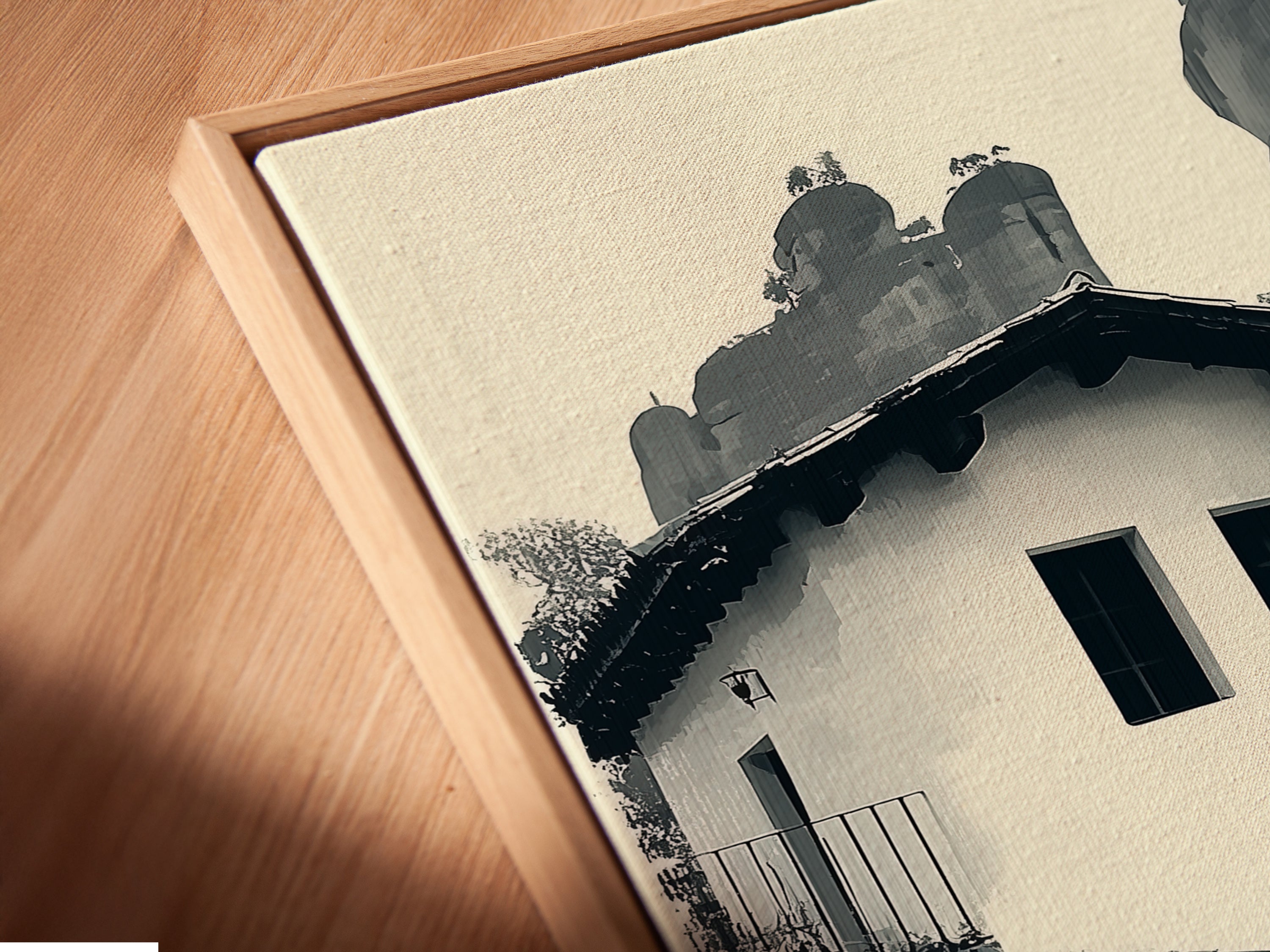 A close-up reveals a canvas print in a floating frame. The monochrome Hacienda artwork enhances any room. The floating frame adds a modern touch. Ideal for rustic and Spanish home decor styles.