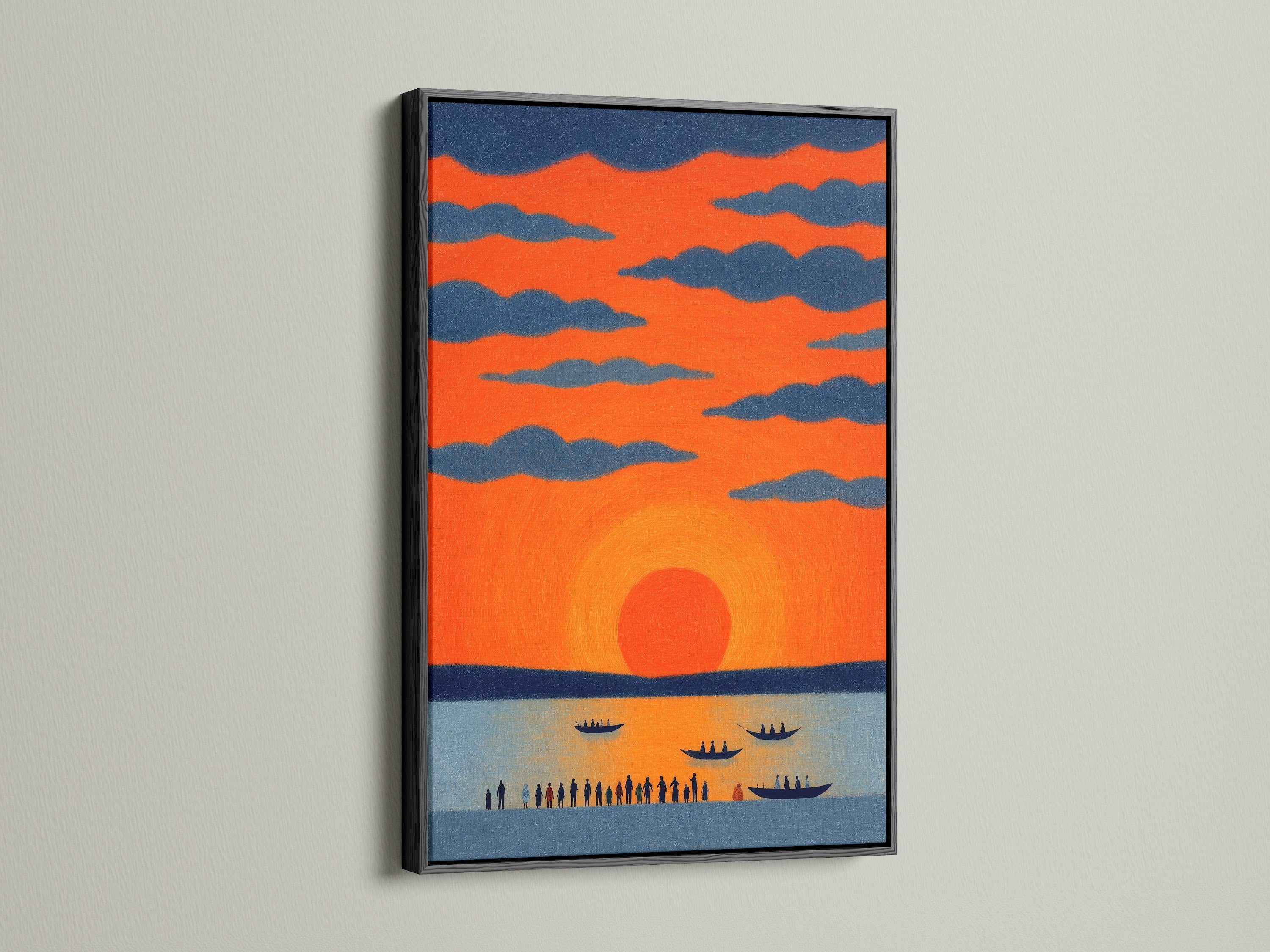 The sunset seascape artwork is displayed in a black frame. This coastal art print provides a bold and sophisticated touch. It suits various interior styles. Enhance your office wall art with this nautical wall art.