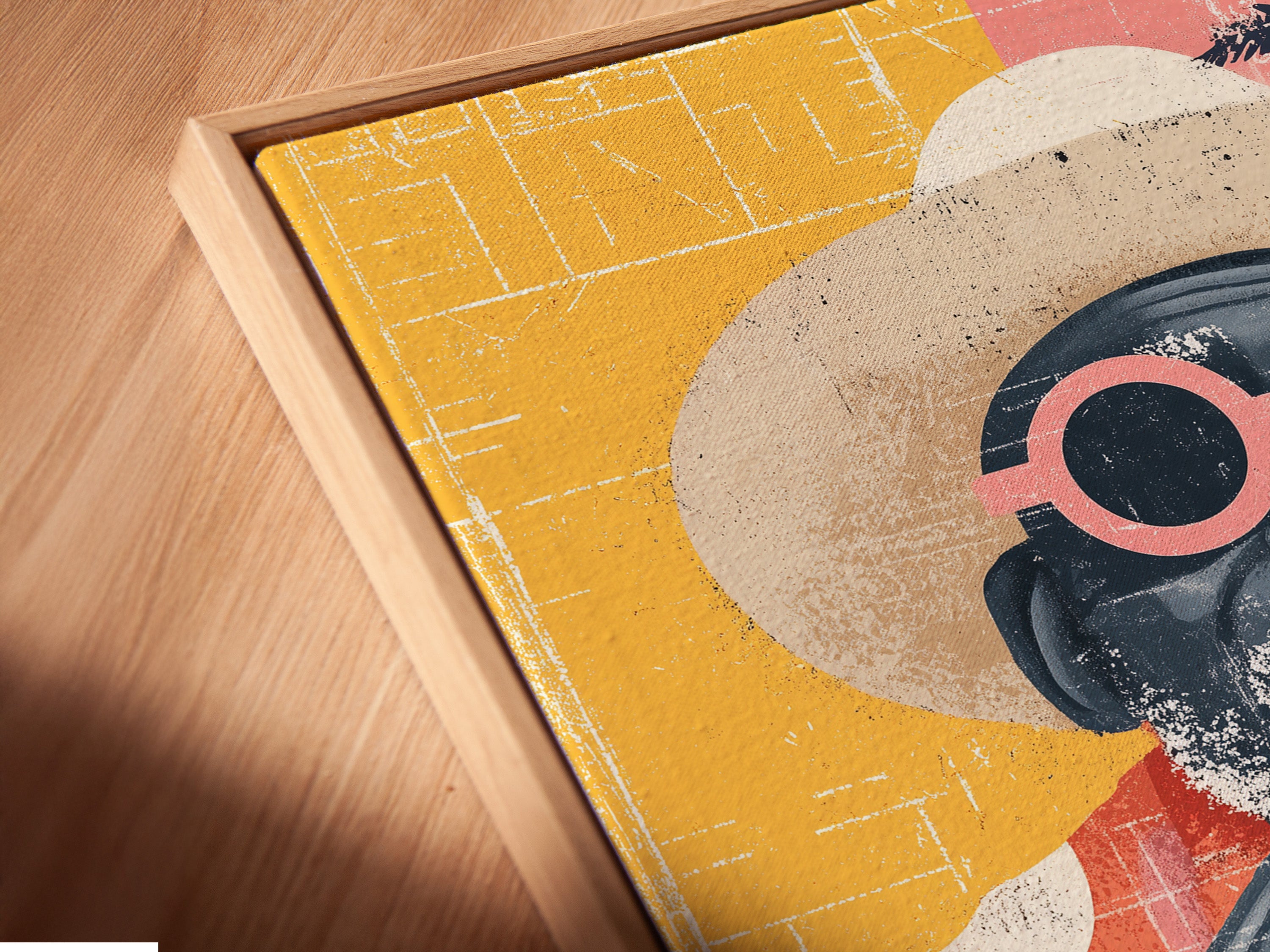 Close-up of a canvas print in a floating frame. This retro beach man artwork is perfect for adding a summer vibe. The floating frame gives the print a modern and sophisticated look. Ideal for coastal and tropical decor styles. The sunglasses portrait adds a unique touch.