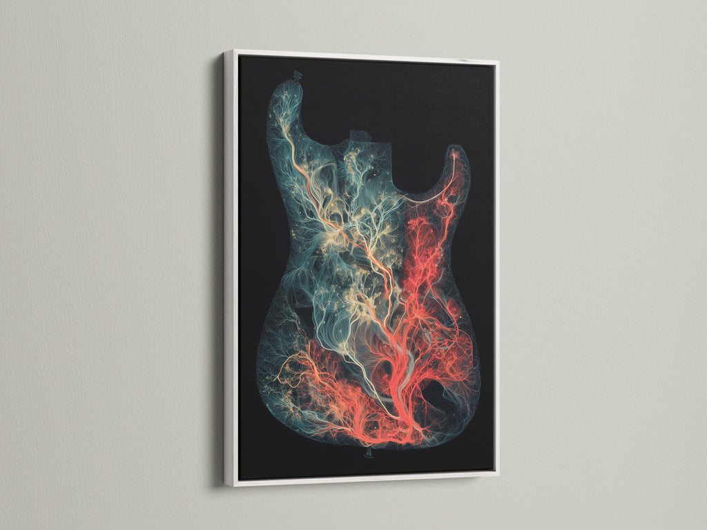 Artwork displayed in a white frame. The art shows a guitar with tree-like designs. The white frame offers a clean and modern look. This piece of art is a great addition to any contemporary home. It brightens up any room. The guitar art adds a musical and artistic flair.