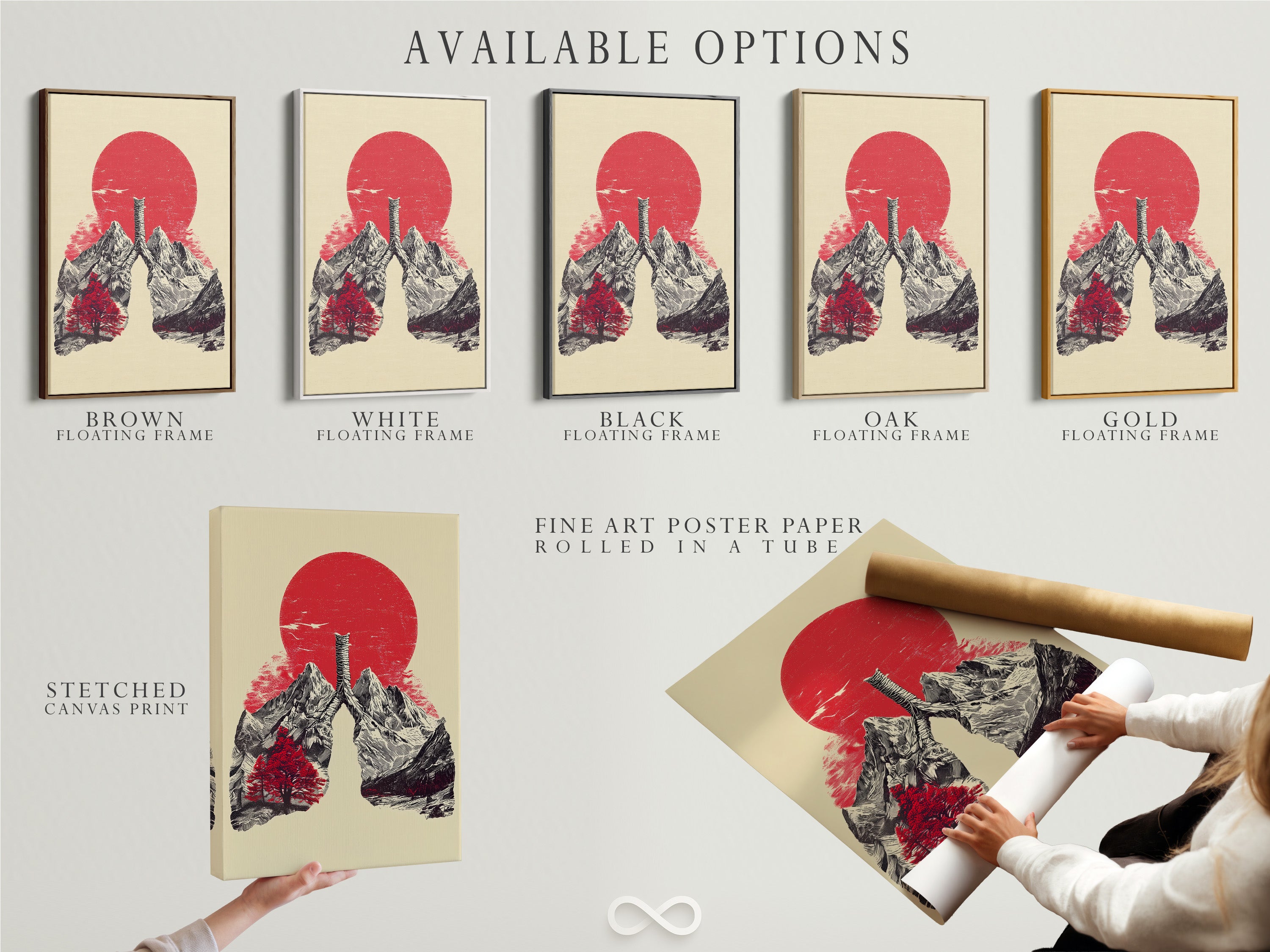 Here are the available options for art prints. Choose from stretched canvas prints. Also available are fine art poster paper and floating frames. Customize artwork to fit your style. Create the perfect piece for your space.