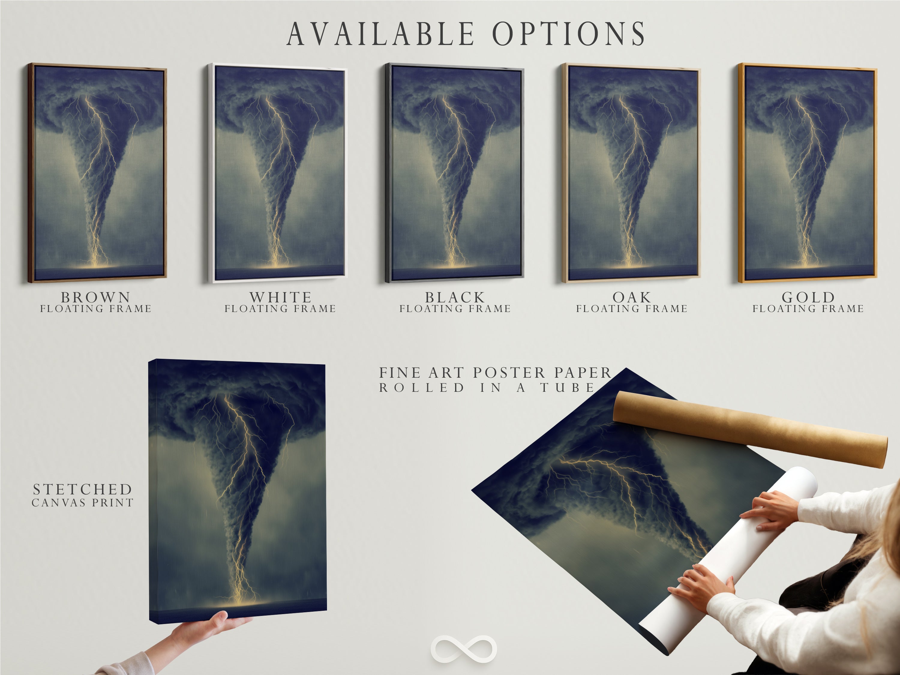 Explore available options for this tornado art. Choose between stretched canvas print fine art poster paper and floating frame. Customize your artwork to fit your style. Select the perfect option for your home or office decor. Discover your ideal piece