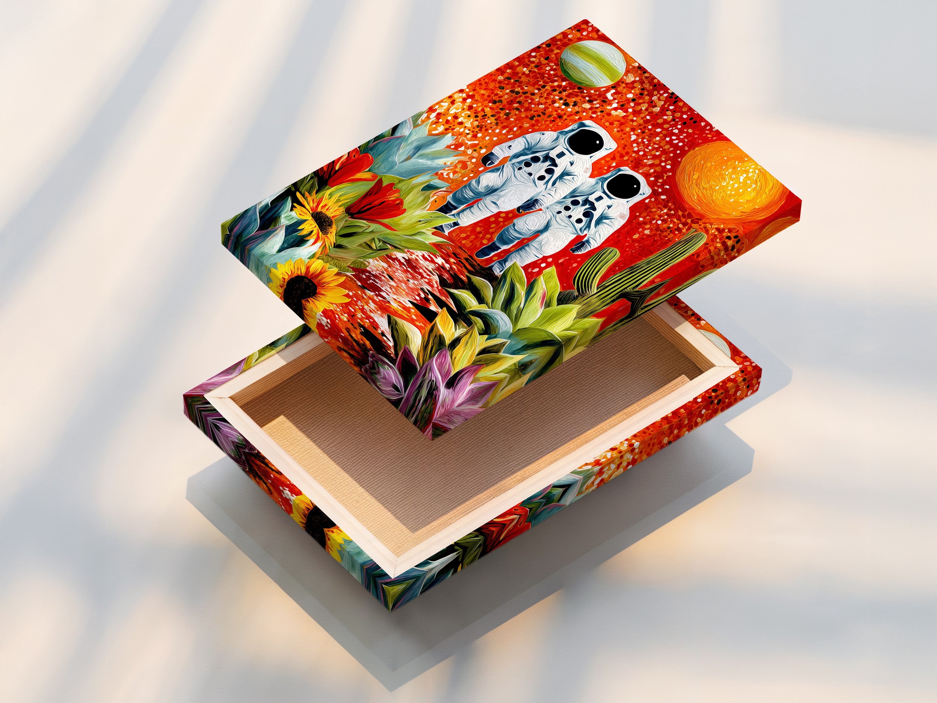 A stretched canvas print of the Astronauts artwork is displayed. The canvas print brings the surreal desert scene to life. Ready to hang. This stretched canvas adds depth and texture to the artwork. Perfect for modern homes and offices.