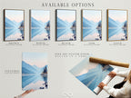 Available options include a stretched canvas print. Also available is a fine art poster paper and a floating frame. Mountain lake artwork is versatile for any style. Serene nature landscape photography for your home. Pastel blue wall art to match your decor. Create a calming space.