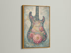 A gold frame enhances the luxurious feel of the floral guitar art. The metallic finish adds a touch of glamour. It makes the artwork stand out. This piece is perfect for adding elegance to any room. It is a stunning display.