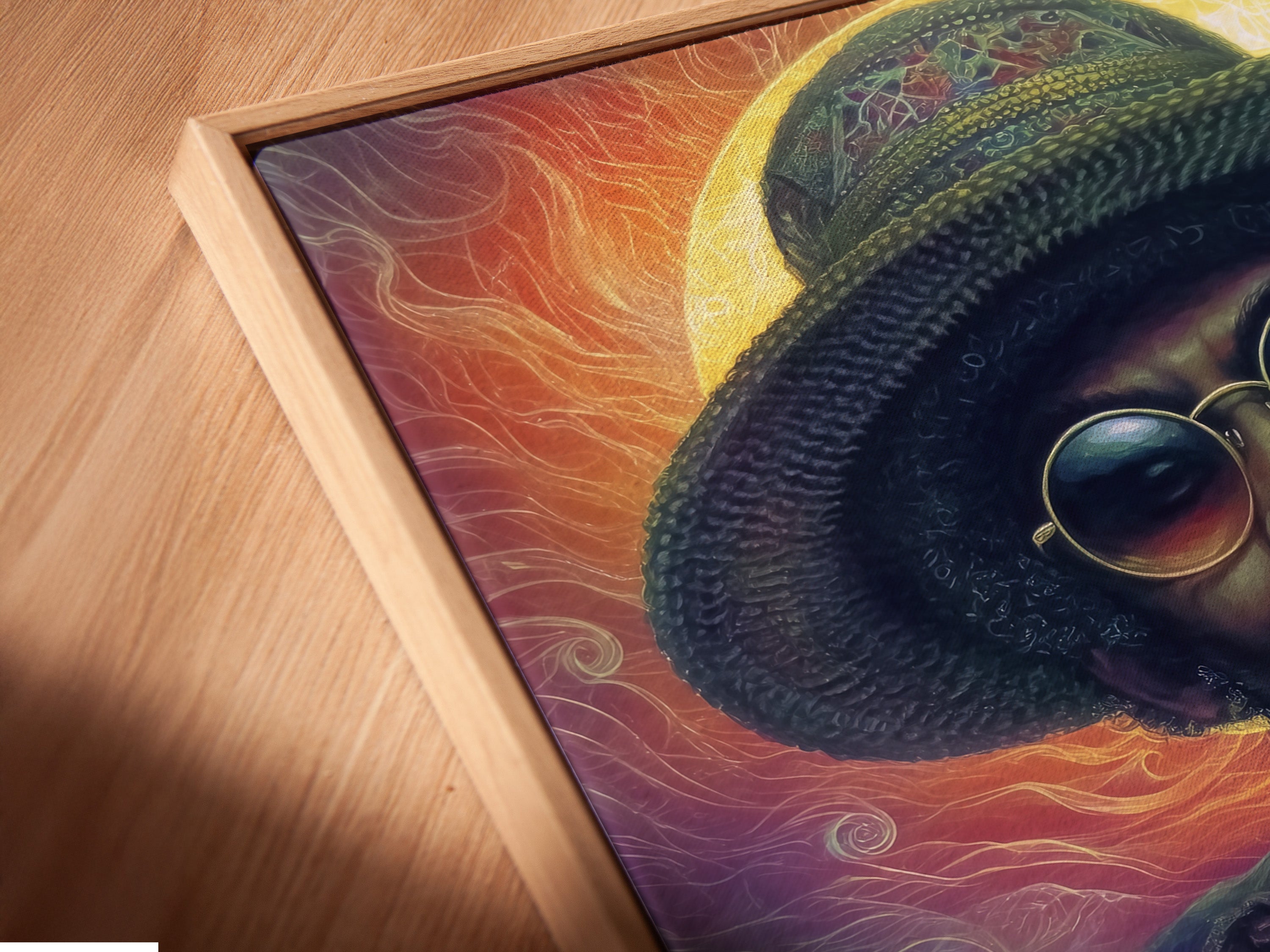 Close-up angled view of a canvas print in a floating frame. The psychedelic portrait artwork is vibrant and eye-catching. This piece brings a unique bohemian touch. The colorful Rastafarian print is ideal for music room decor.