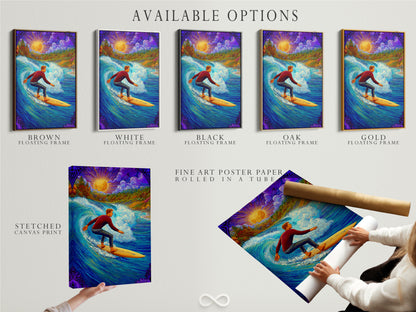 Impression d'art psychédélique surfeur - affiche vibrante de vague océanique, poster de surf coloré, décoration bohème de plage, œuvre d'art nature psychédélique