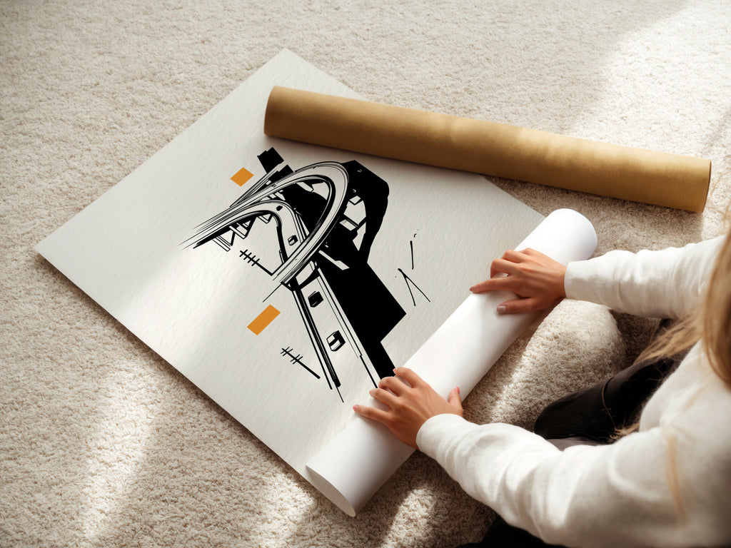 A woman carefully rolls a fine art poster paper. The paper showcases the Highway Overpass artwork. This urban minimalist print is perfect for modern decor. The black and white cityscape design adds sophistication. Ideal for architects and urban professionals. Enhance your space with this artwork.