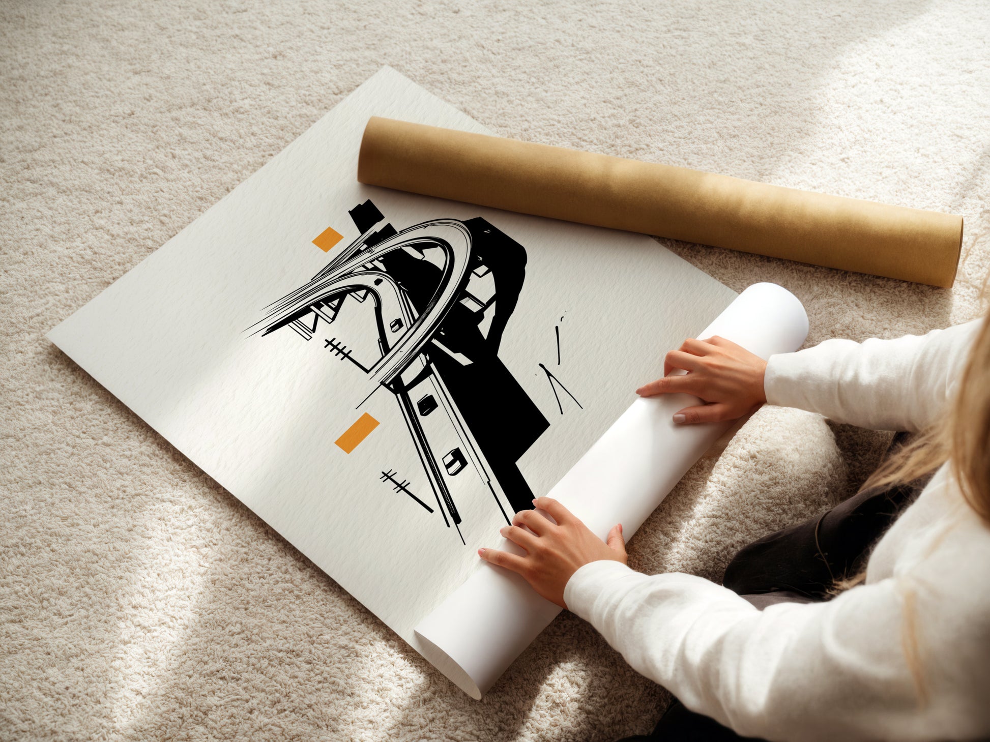 A woman carefully rolls a fine art poster paper. The paper showcases the Highway Overpass artwork. This urban minimalist print is perfect for modern decor. The black and white cityscape design adds sophistication. Ideal for architects and urban professionals. Enhance your space with this artwork.