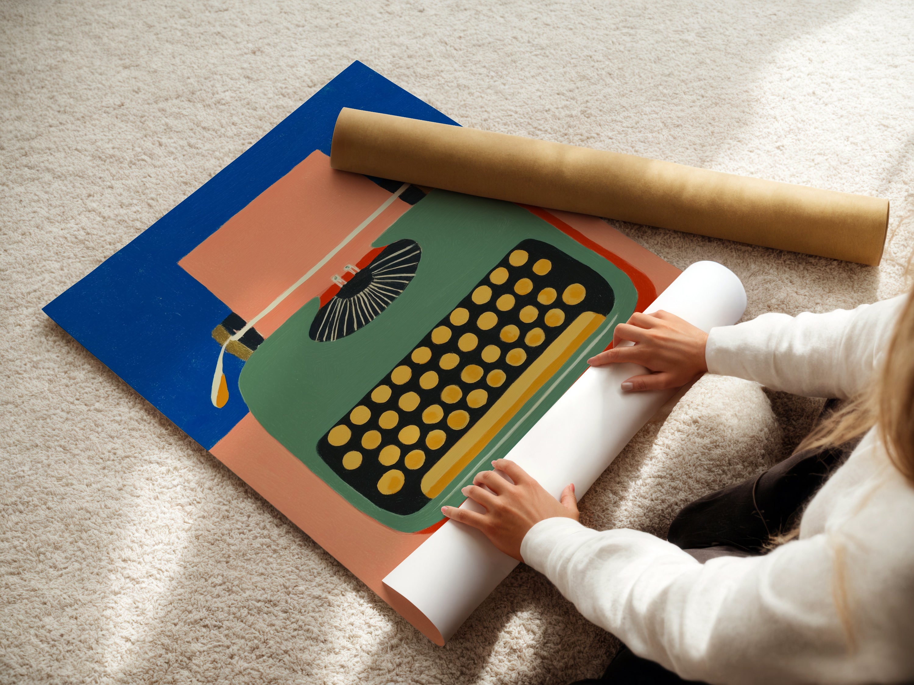 A woman rolling a fine art poster paper print. This retro typewriter artwork is mid-century modern. Ideal for office wall art. It is perfect as study room decor. This vintage typewriter art makes a thoughtful gift for writers. The artwork features peach and blue tones.