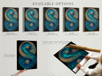 Available options include a stretched canvas print fine art poster paper and floating frame. The Yin Yang artwork features teal blue and gold spiritual accents. Choose the perfect format for your zen canvas print. Enhance your meditation room with this balance symbol art. Add mindfulness to your decor.