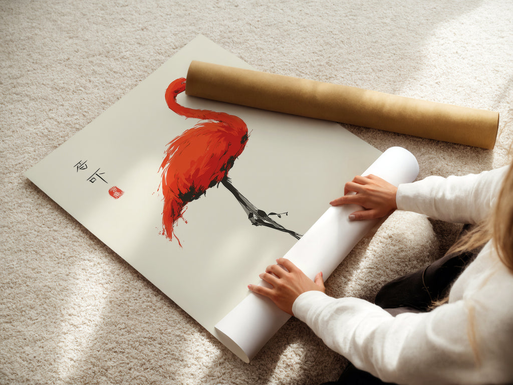 A woman is carefully rolling a fine art poster paper. This showcases the delicate handling required for high-quality prints. The poster paper is ideal for creating stunning wall art. It's perfect for those who appreciate bird illustrations and nature-inspired pieces.