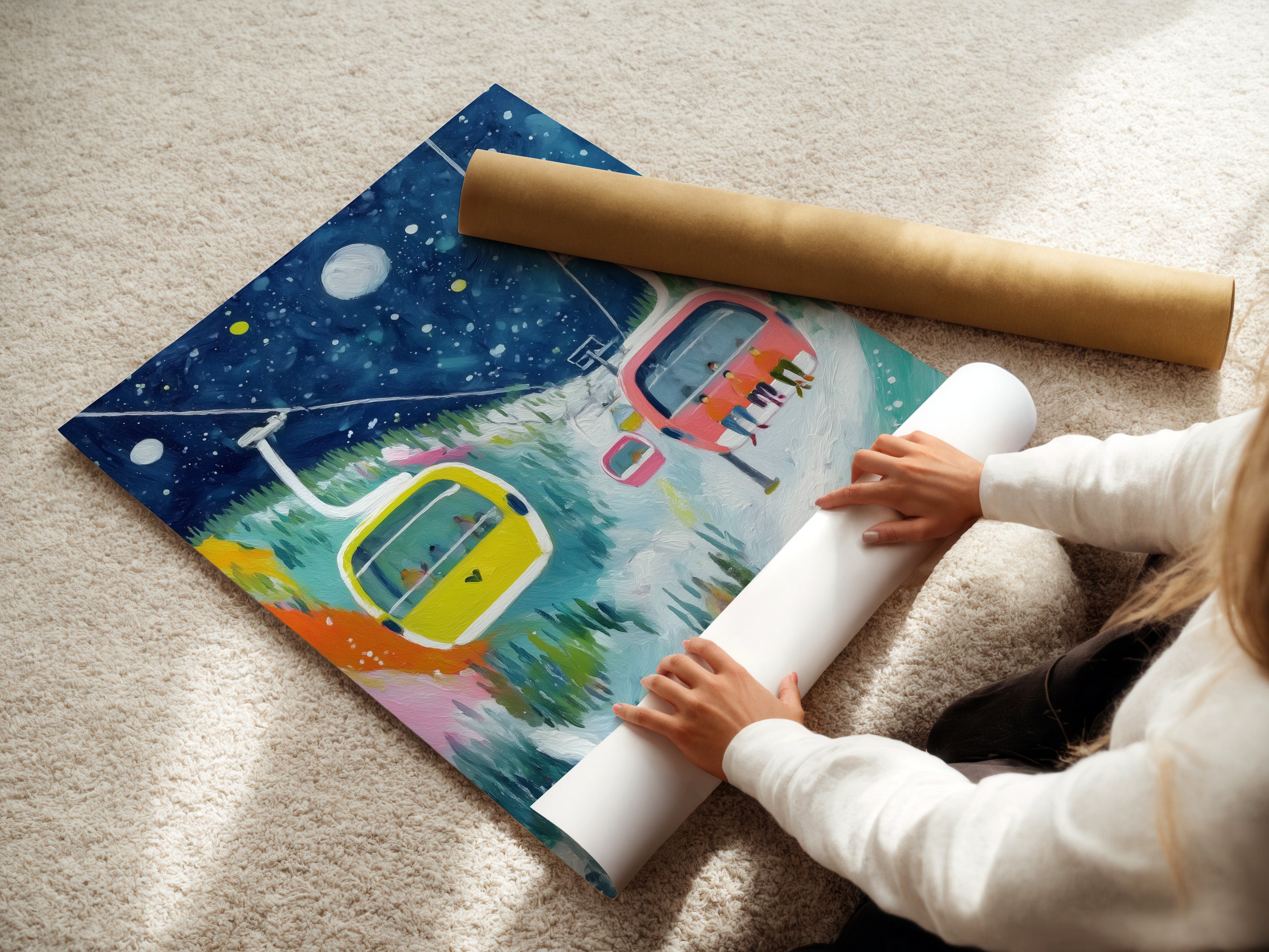 A woman is rolling a fine art poster paper. The paper is high-quality and ready for printing. Ideal for creating stunning winter artwork. Perfect for ski resort art and snow scene prints.