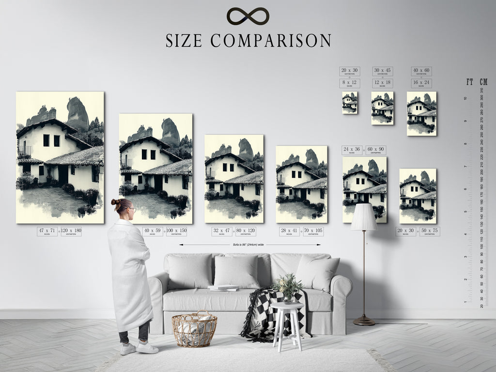 A size comparison chart is displayed in an interior setting. Various sizes of the monochrome Hacienda artwork are shown. Choose the perfect size for your space. This chart helps visualize the artwork in your home.