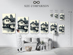 A size comparison chart is displayed in an interior setting. Various sizes of the monochrome Hacienda artwork are shown. Choose the perfect size for your space. This chart helps visualize the artwork in your home.