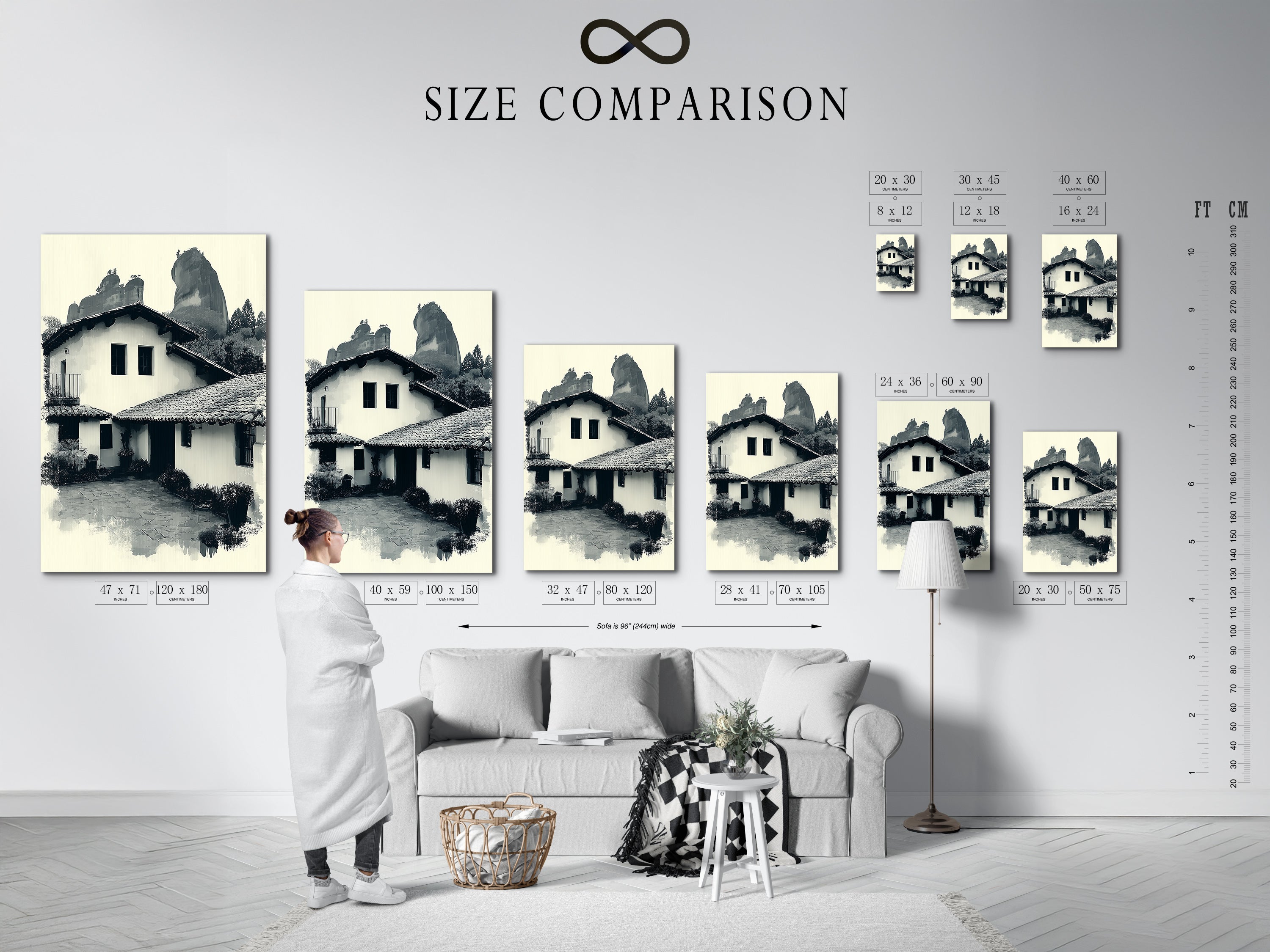 A size comparison chart is displayed in an interior setting. Various sizes of the monochrome Hacienda artwork are shown. Choose the perfect size for your space. This chart helps visualize the artwork in your home.