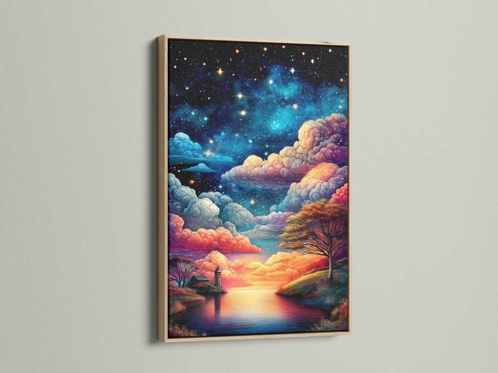 Starry Night celestial canvas in an oak frame. The artwork features a beautiful lake landscape print. The night sky print adds a touch of dreamy decor to your home. Perfect for living room wall art