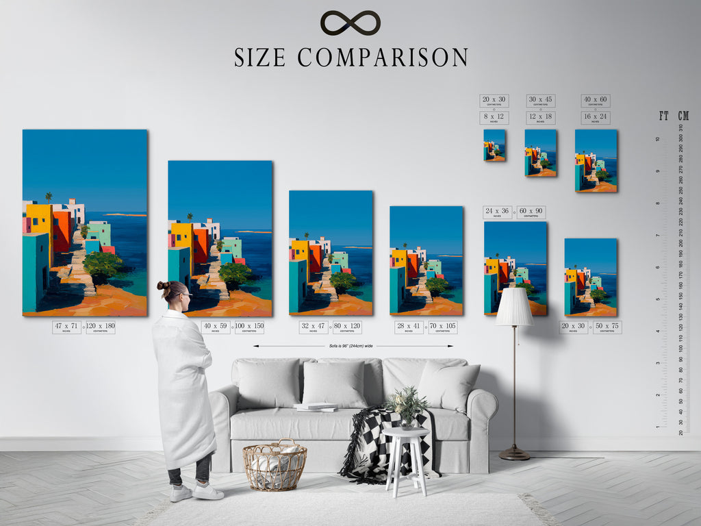 This is a size comparison chart in an interior setting. The chart helps you visualize the art's dimensions. It allows you to choose the perfect size for your space. See how different sizes will look on your wall. This chart helps you find the best fit.