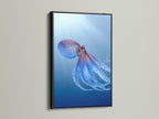 A bold black frame surrounds this captivating octopus art. The striking contrast makes the teal blue sea wall art pop. This marine animal artwork is perfect for modern spaces. It's a unique ocean print for any art lover. Add a touch of sea life to your decor.