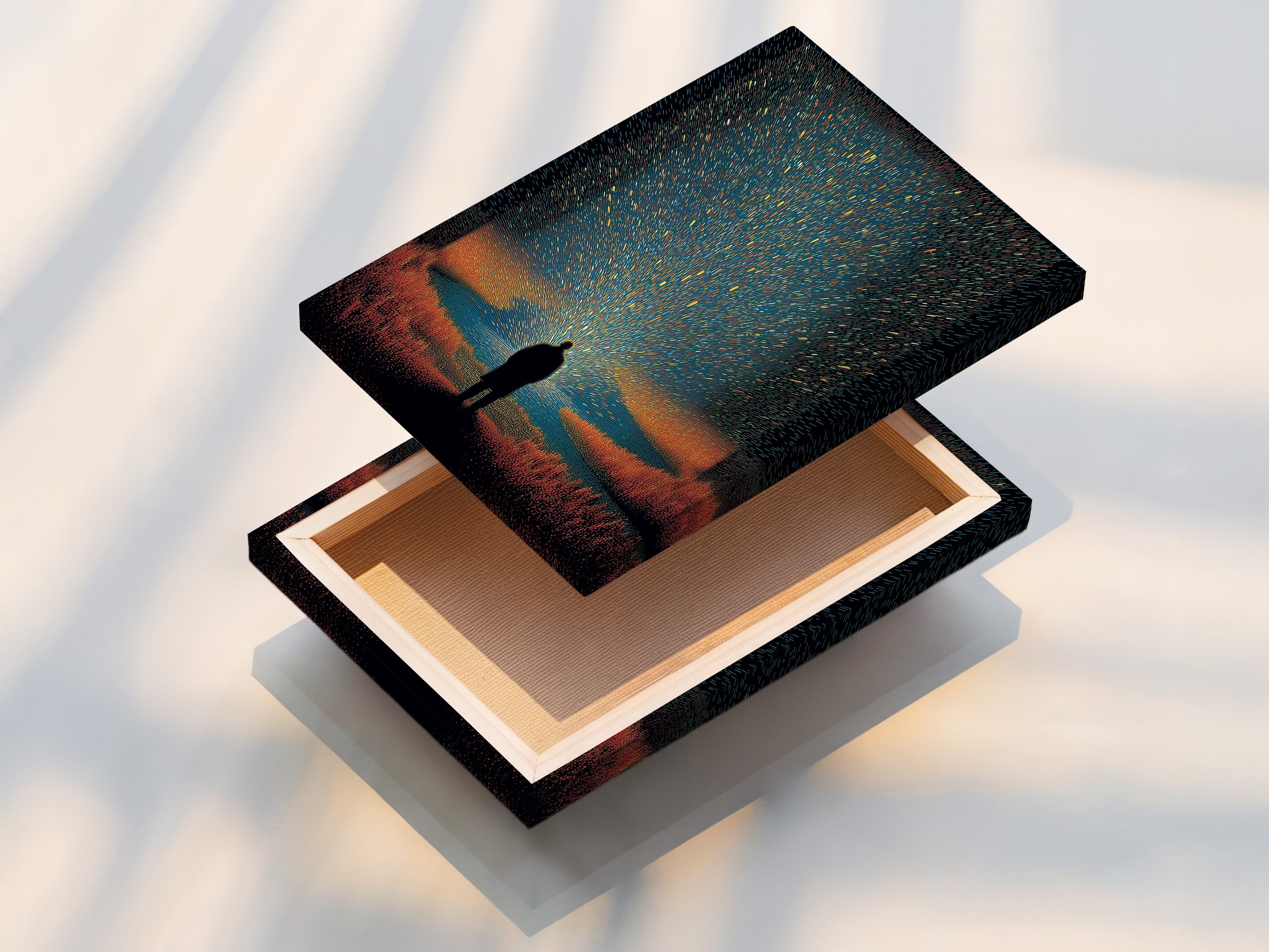 A stretched canvas print of artwork. The canvas is stretched perfectly over a frame. This is a great way to display art in your home. The texture of the canvas adds depth to the image.