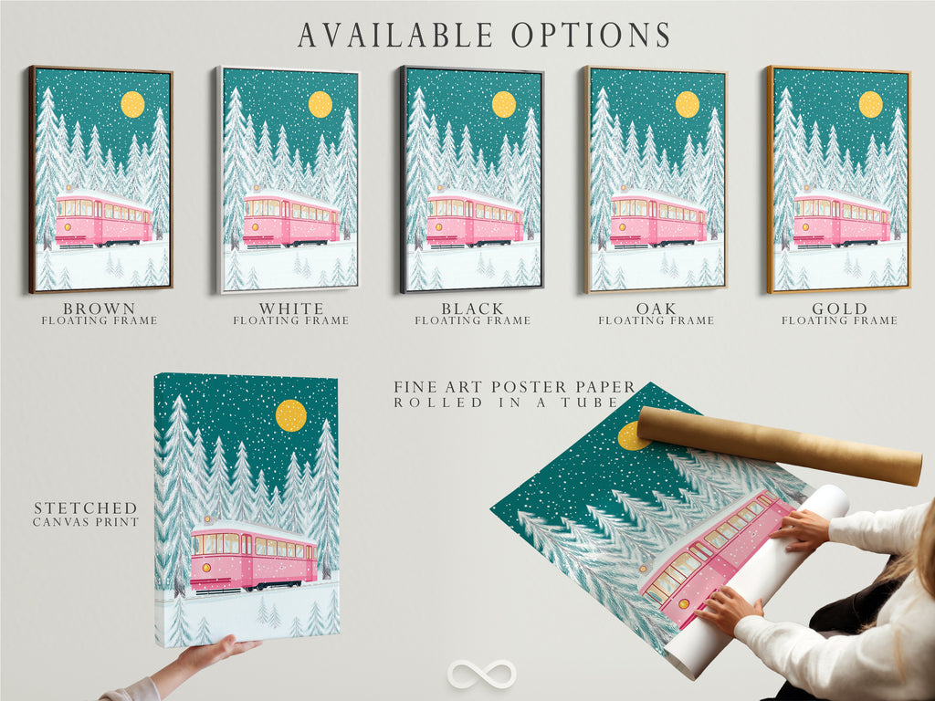 Explore available options for the winter tram artwork. Options include a stretched canvas print a fine art poster paper and a floating frame. The pink train and snowy forest will bring holiday cheer to your home. Find your perfect style today.