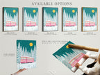 Explore available options for the winter tram artwork. Options include a stretched canvas print a fine art poster paper and a floating frame. The pink train and snowy forest will bring holiday cheer to your home. Find your perfect style today.