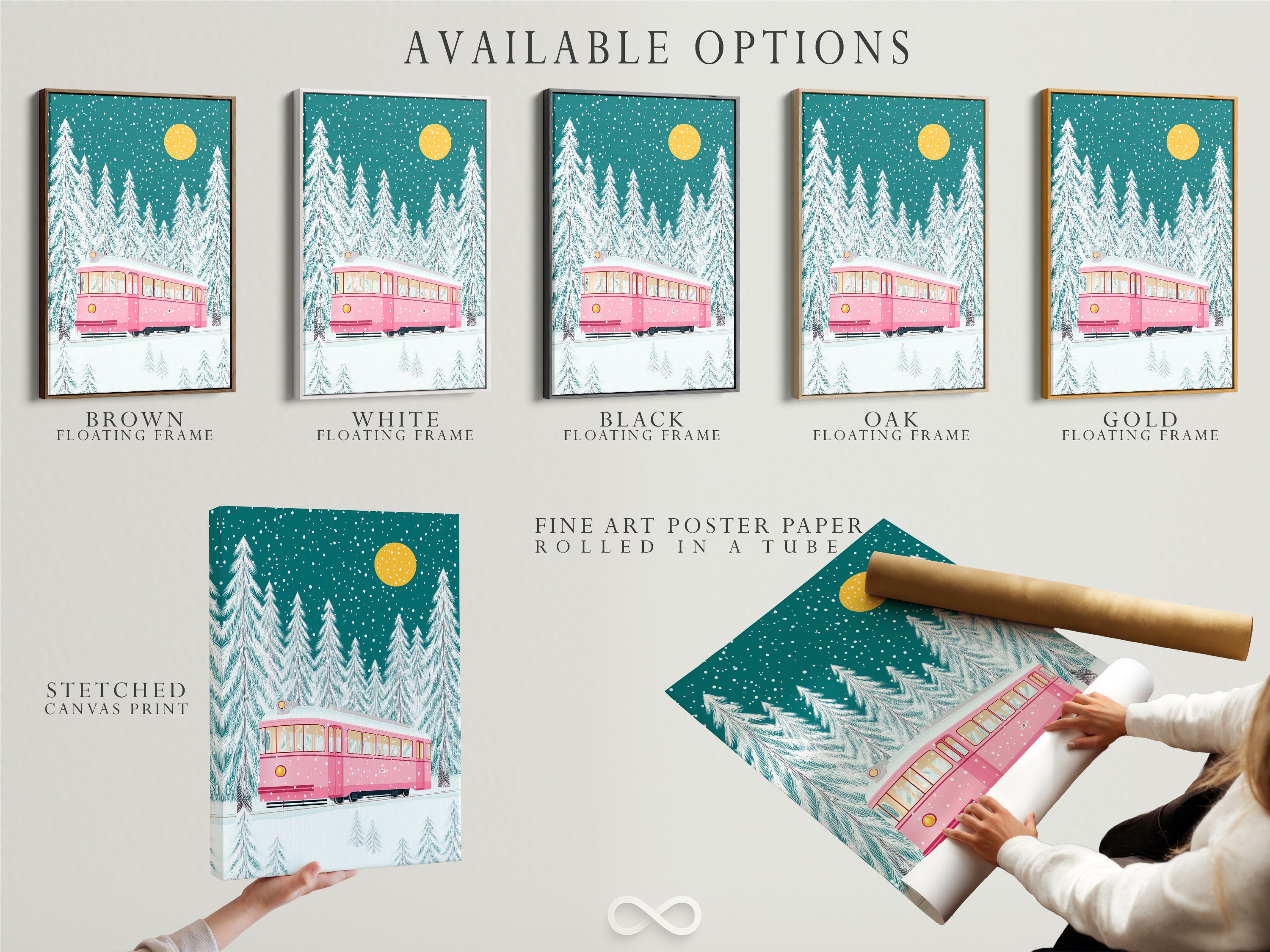 Explore available options for the winter tram artwork. Options include a stretched canvas print a fine art poster paper and a floating frame. The pink train and snowy forest will bring holiday cheer to your home. Find your perfect style today.