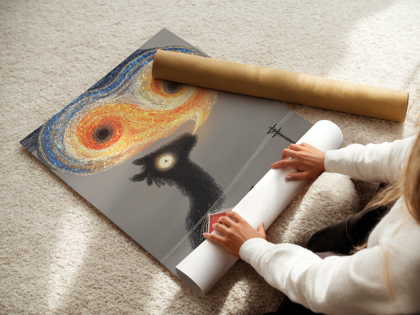 A woman is rolling a fine art poster paper. This paper is perfect for high-quality prints. It ensures vibrant colors and sharp details. Ideal for surreal sheep art and other unique artwork. The fine art paper enhances any image. It is a great choice for art collectors and enthusiasts.