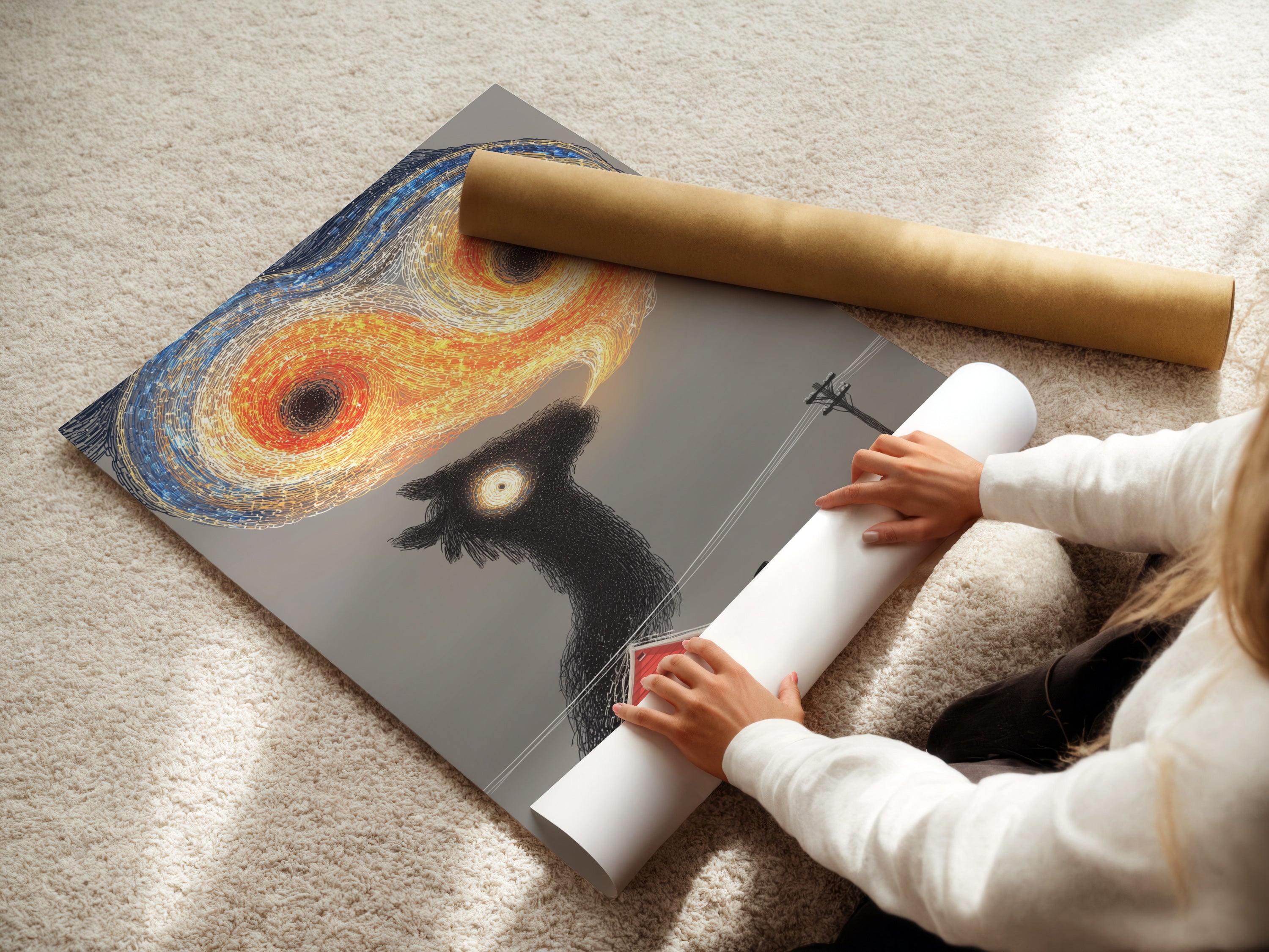 A woman is rolling a fine art poster paper. This paper is perfect for high-quality prints. It ensures vibrant colors and sharp details. Ideal for surreal sheep art and other unique artwork. The fine art paper enhances any image. It is a great choice for art collectors and enthusiasts.