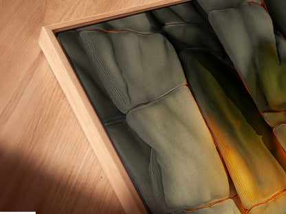A close-up angled view of a canvas print. The print is showcased in a floating frame. The floating frame gives the illusion of art suspended in air. This modern framing style enhances depth. It is perfect for contemporary artwork displays.