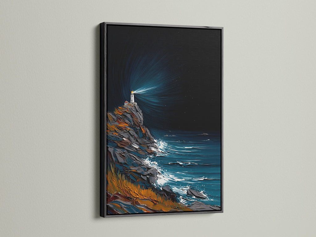Lighthouse coastal artwork presented in a black frame. The black frame offers a sleek look to the seascape artwork. Fits modern and coastal styles. Enhance your living space with coastal artwork.