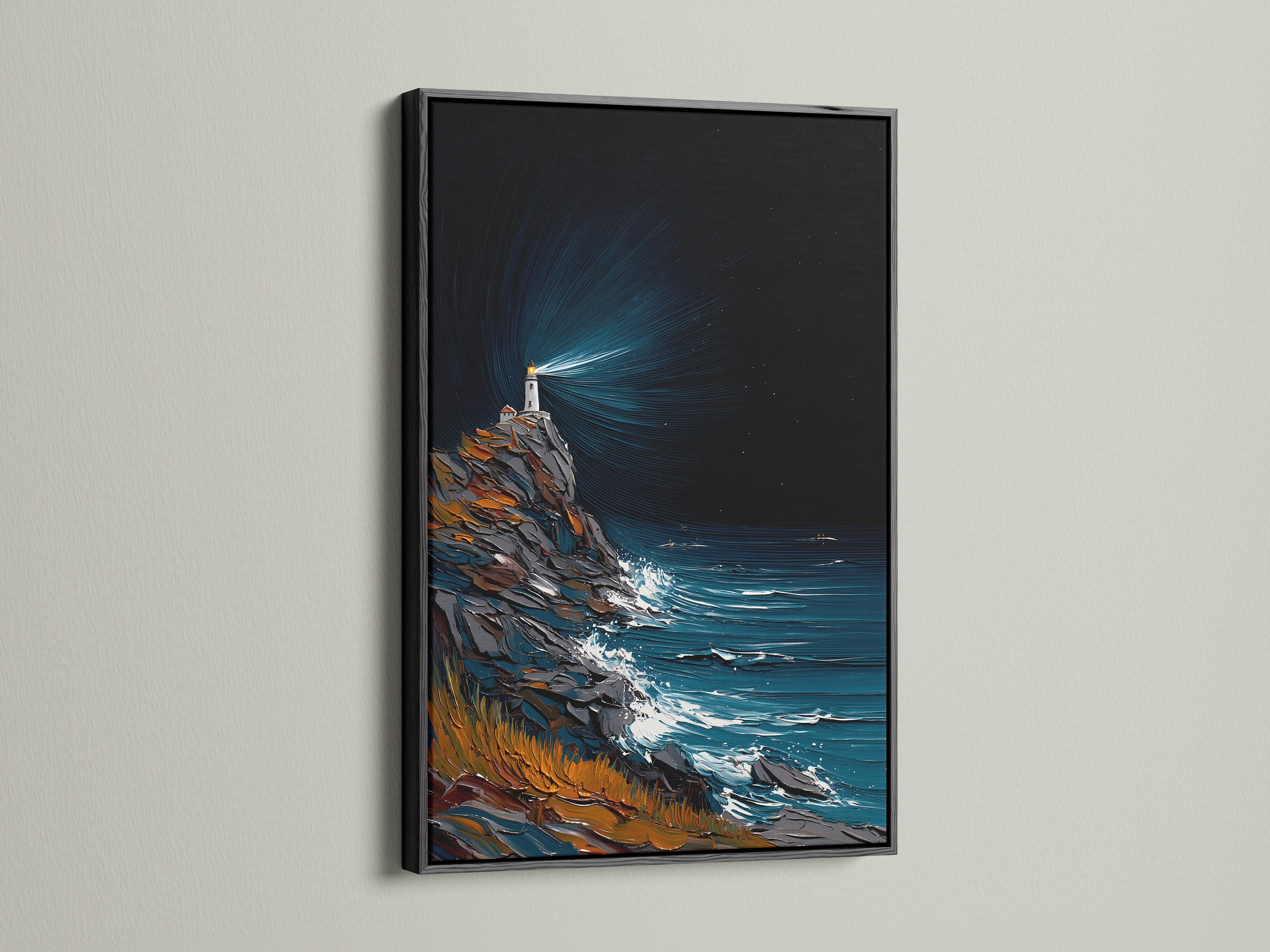 Lighthouse coastal artwork presented in a black frame. The black frame offers a sleek look to the seascape artwork. Fits modern and coastal styles. Enhance your living space with coastal artwork.