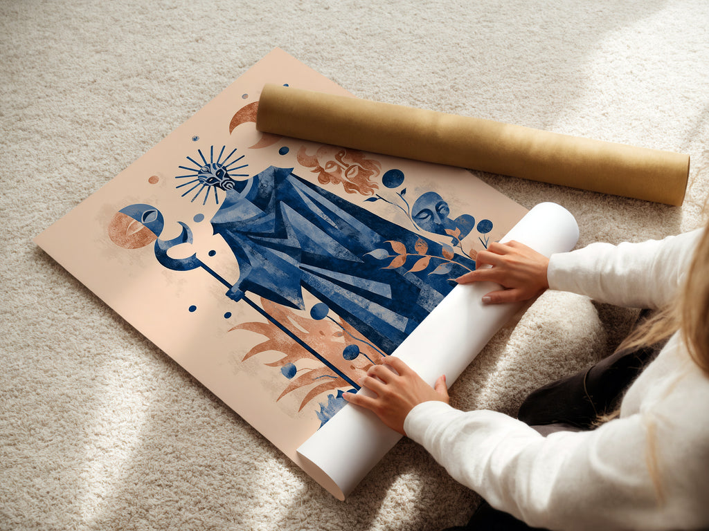 A woman carefully rolls a fine art poster paper. The mystical tarot art is printed on it. This celestial blue sage artwork is perfect for any room. Ideal for adding a spiritual touch to your home or office.