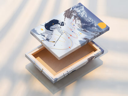 A stretched canvas print showcasing skiing Mountain artwork. The canvas print is ready to hang. The winter sport artwork is vibrant and eye-catching. Perfect for adding a touch of the outdoors to your home. This canvas print enhances any decor. Ideal for modern minimalist or chalet styles.